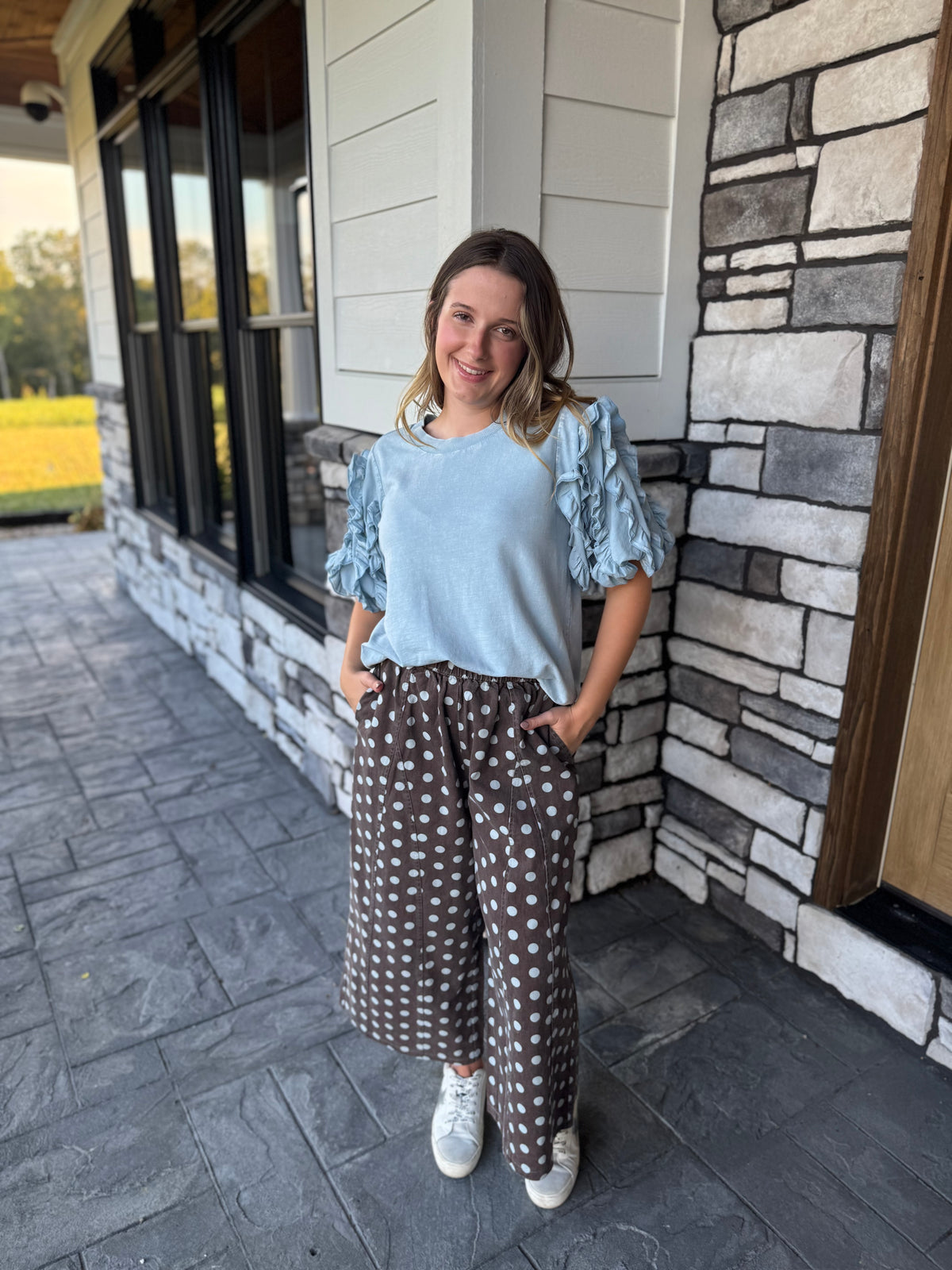 Nellie Brown & Light Blue Polka Dot Mineral Washed Wide Leg Pants