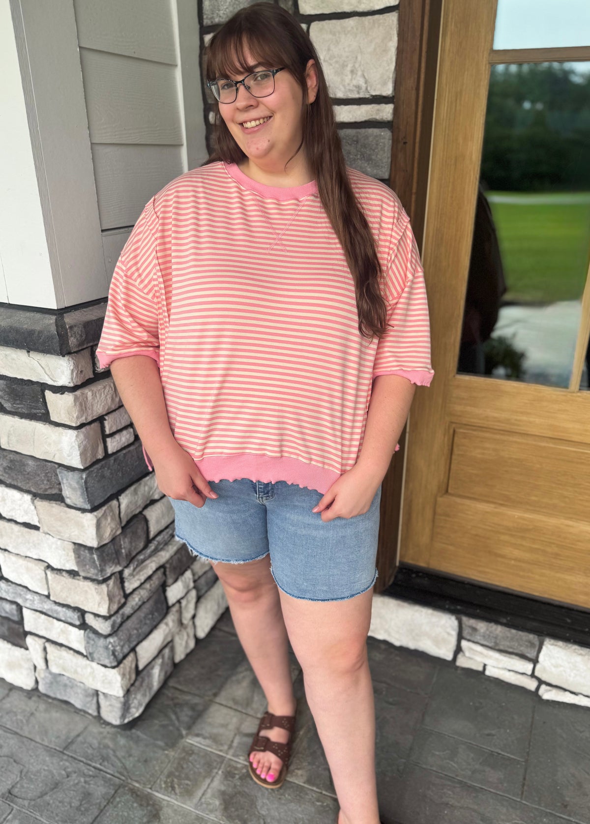 Debby Pink & Cream Candy Stripe Lettuce Edge Short Sleeve Sweatshirt