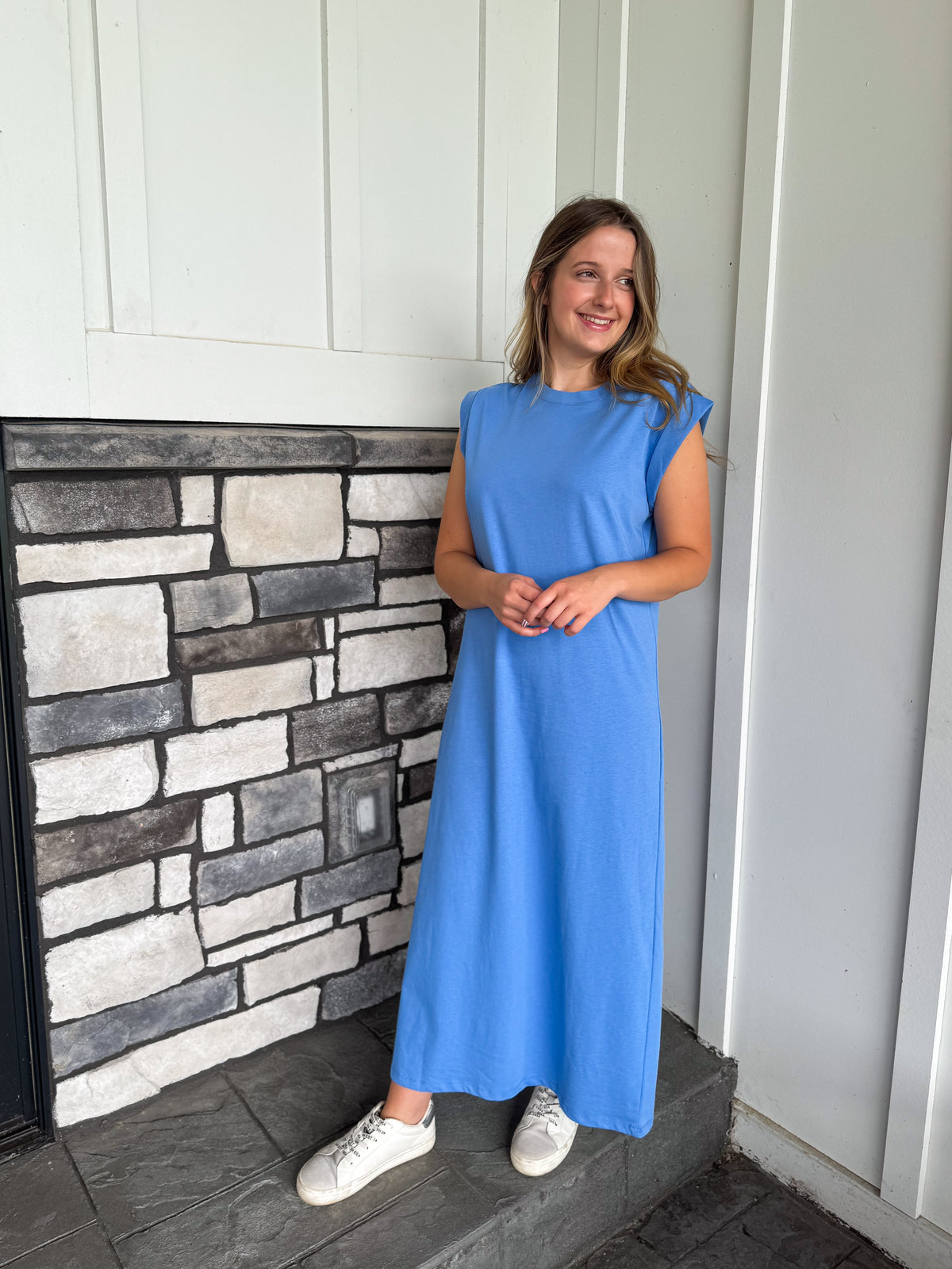 Amy Coastal Blue Cap Sleeve Knit Midi Dress