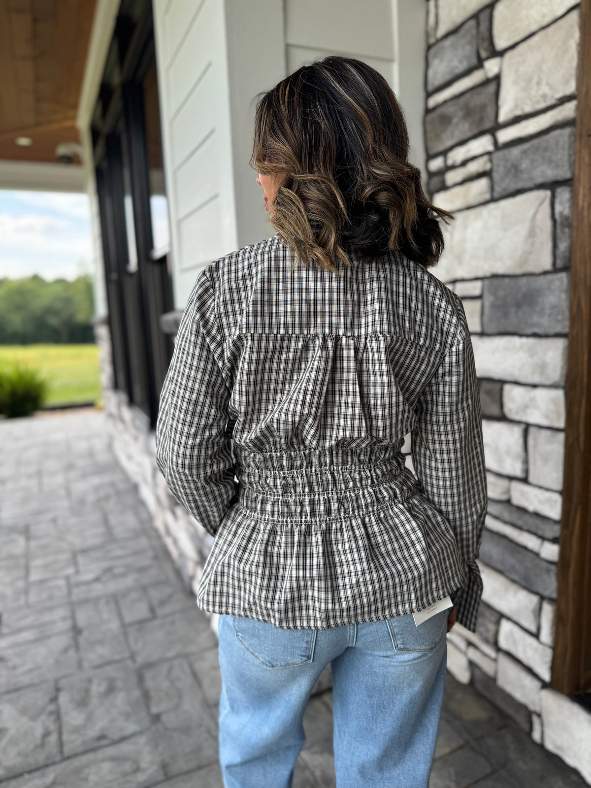 Stacy Black & White Plaid Shirred Waist Blouse