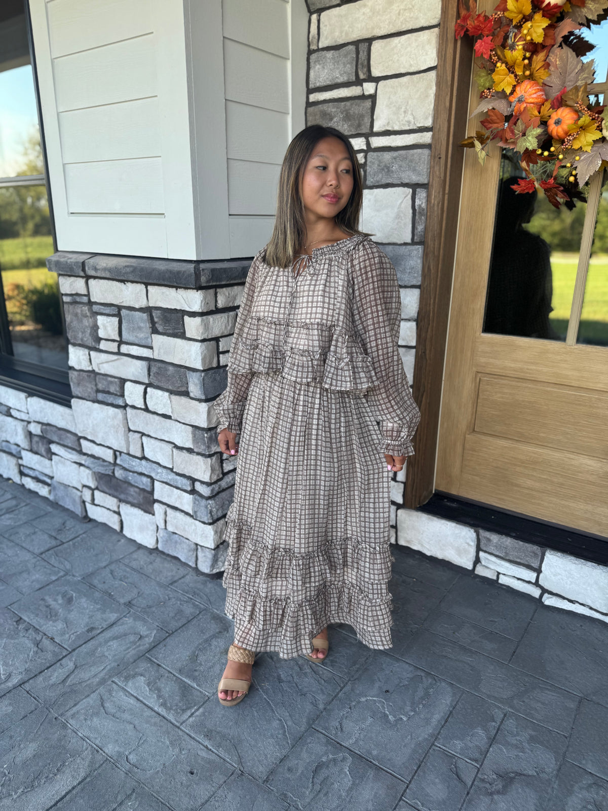 Lana Brown Plaid Ruffled Hem Midi Skirt