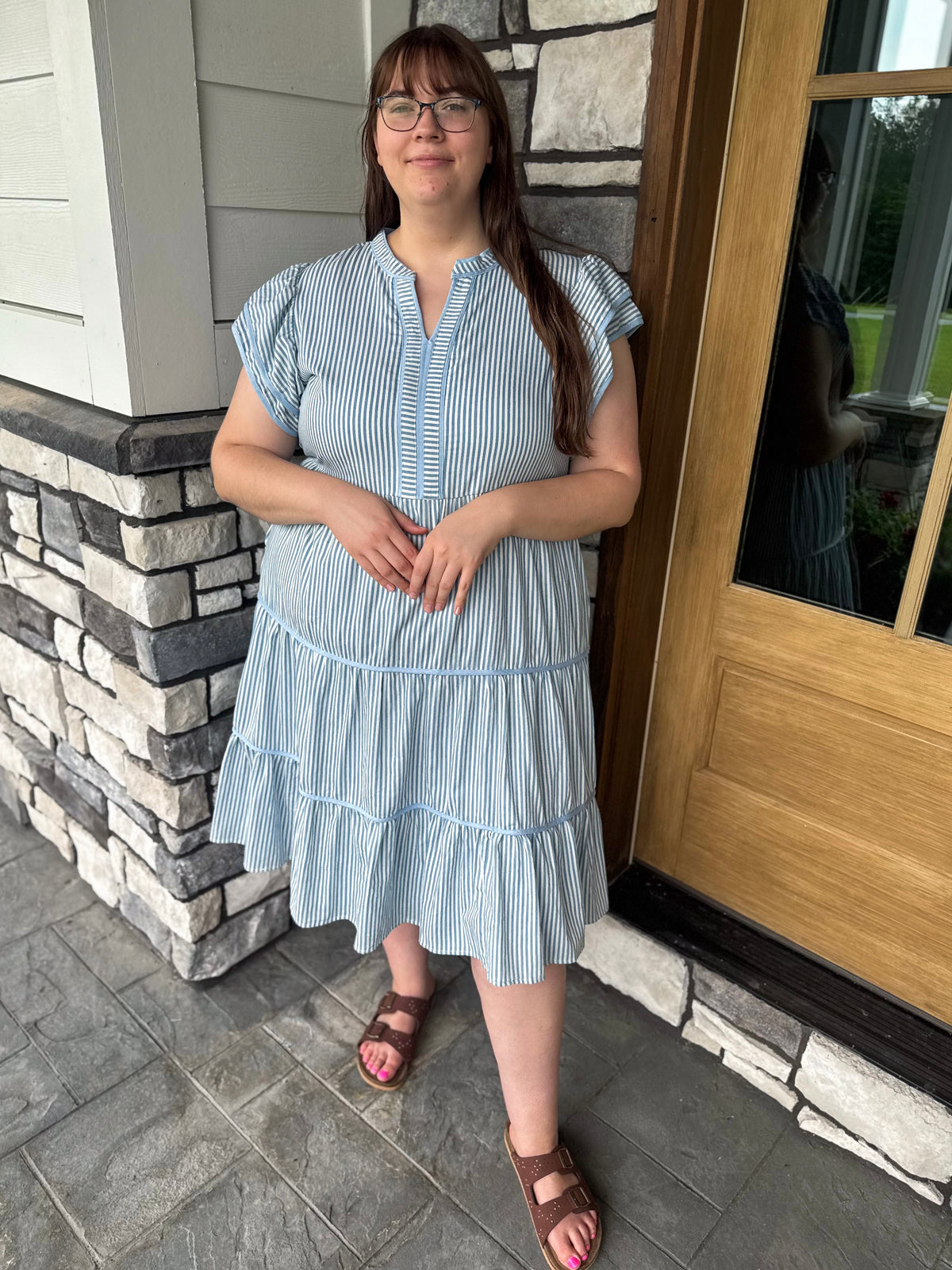 Tammy  Plus Size Baby Blue & White Pinstripe Double Ruffle Sleeveless Dress