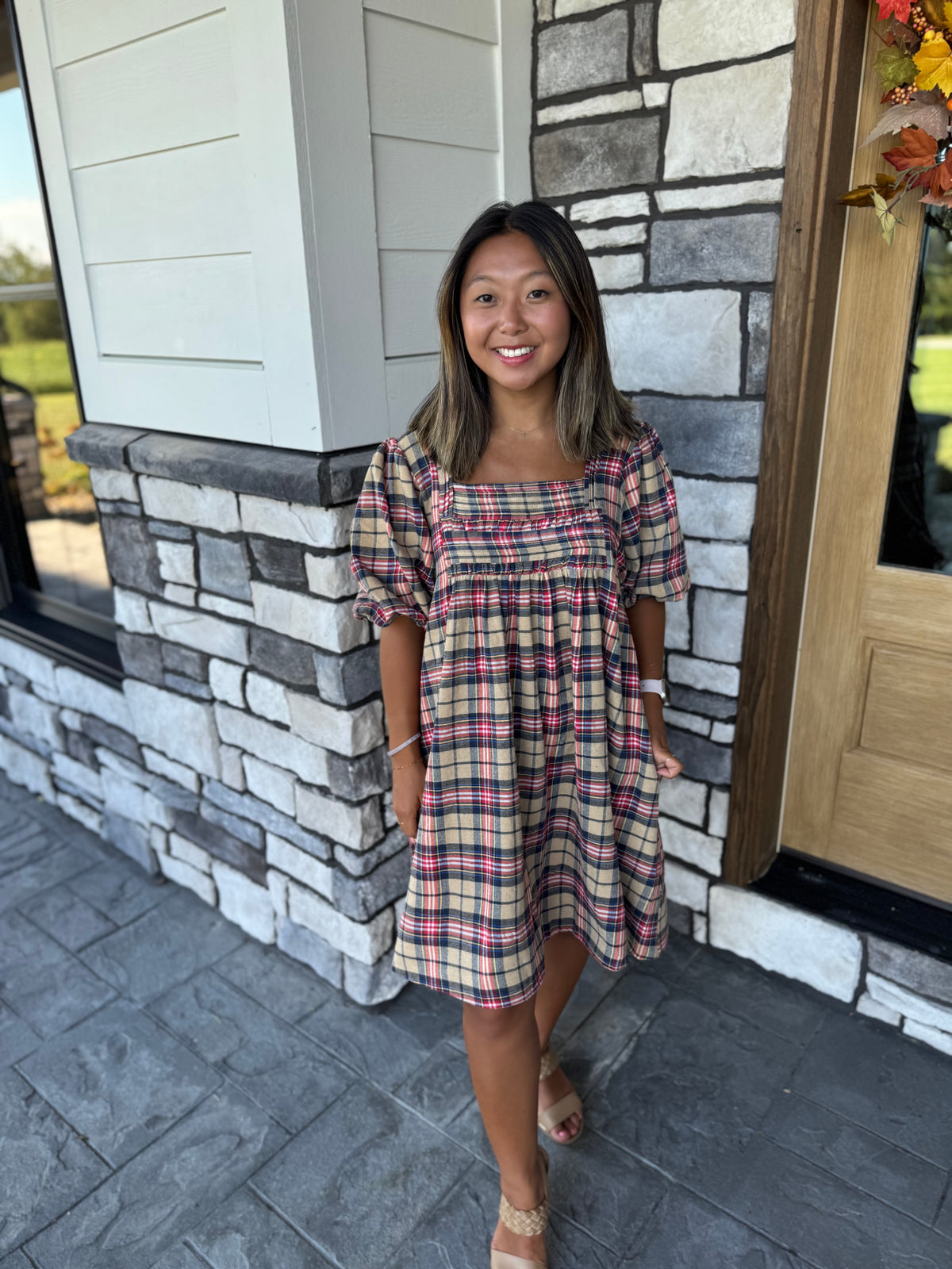 Emerson Khaki Mix Puff Sleeve Plaid Mini Dress