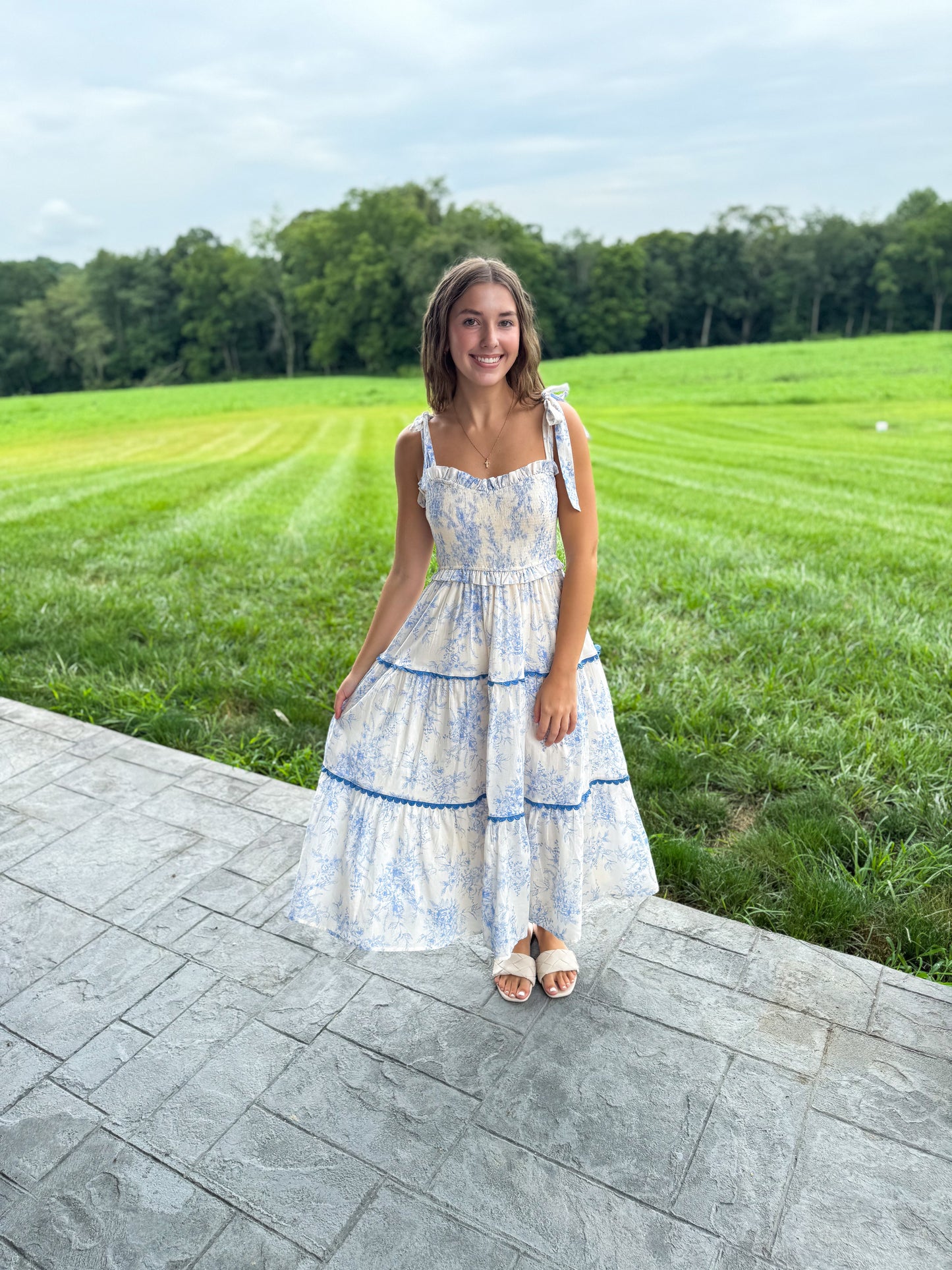 Charlotte Ivory & Baby Blue Tiered Lace Trim Floral Midi Dress
