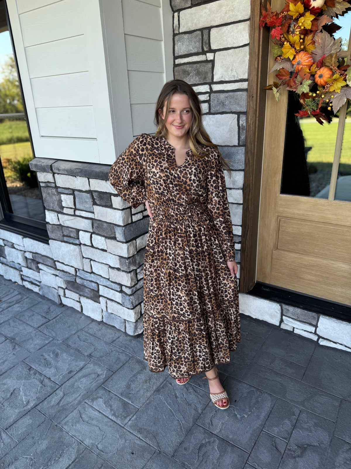 Dana Leopard Print Smocked Waist Tiered Midi Dress