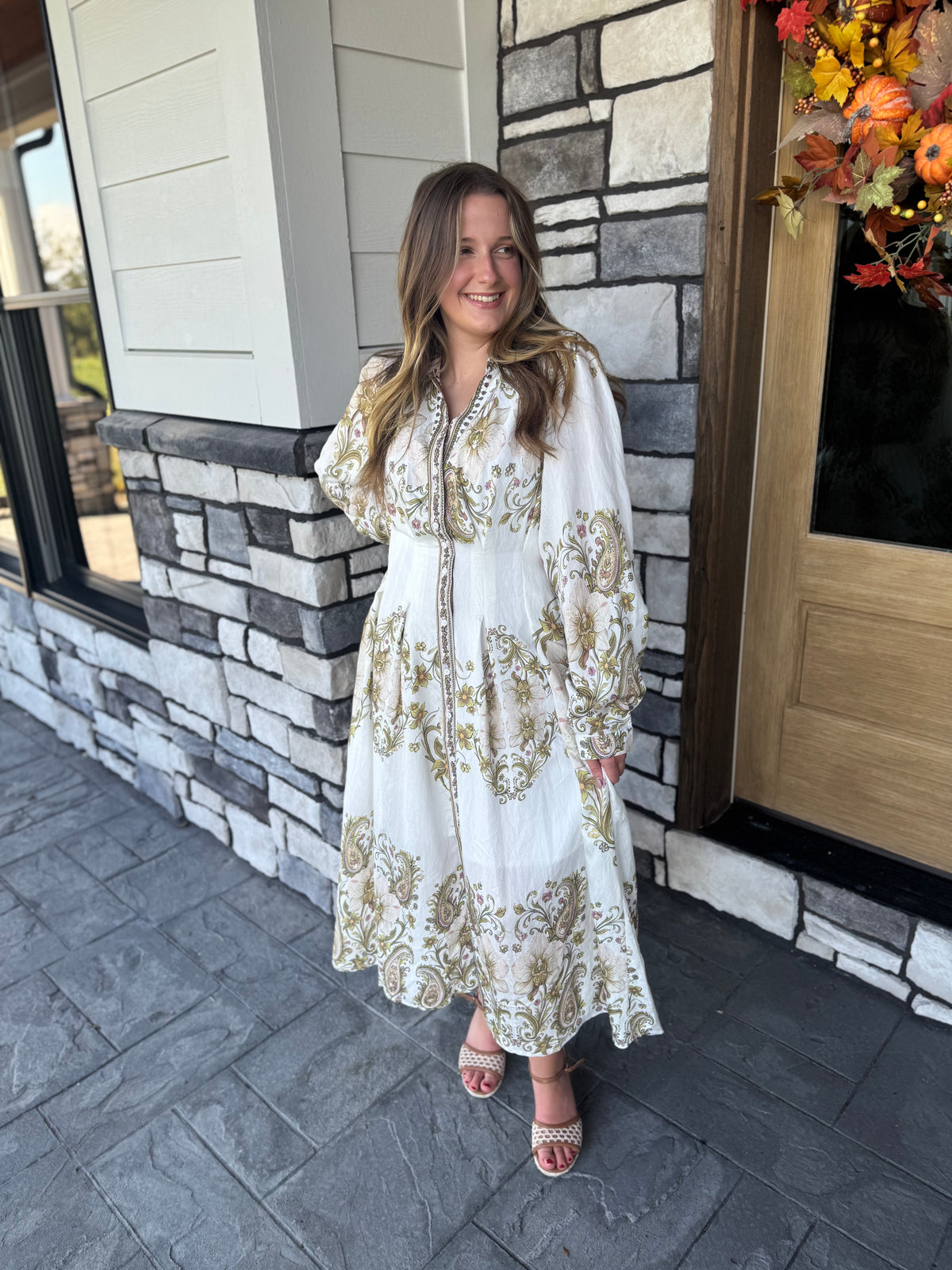 Mabel Olive Paisley Pleated Waist Button Up Midi Dress
