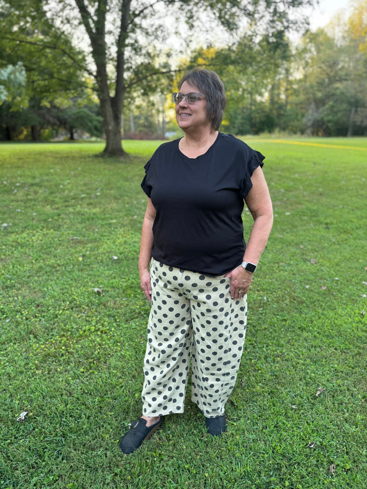 Layla Khaki & Black Polka Dot Washed Twill Barrel Pants