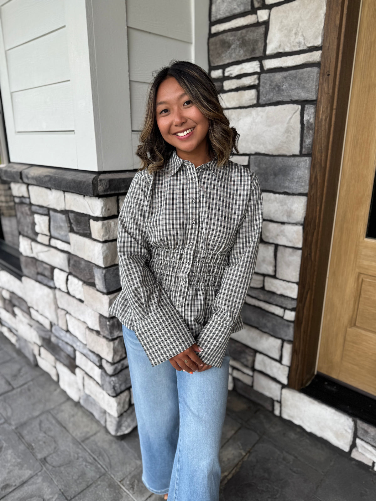 Stacy Black & White Plaid Shirred Waist Blouse