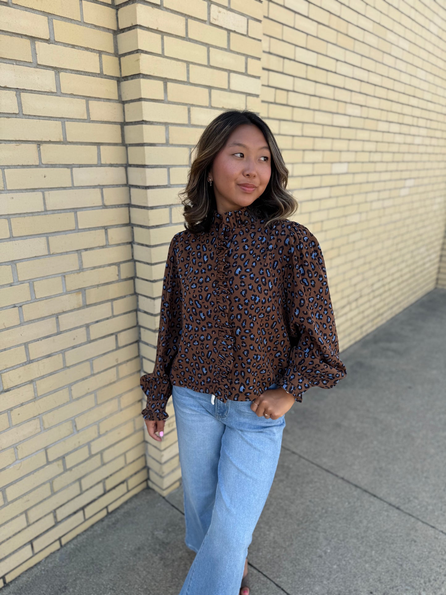 Brielle Brown & Blue Leopard Print Blouse W/ Ruffle Details