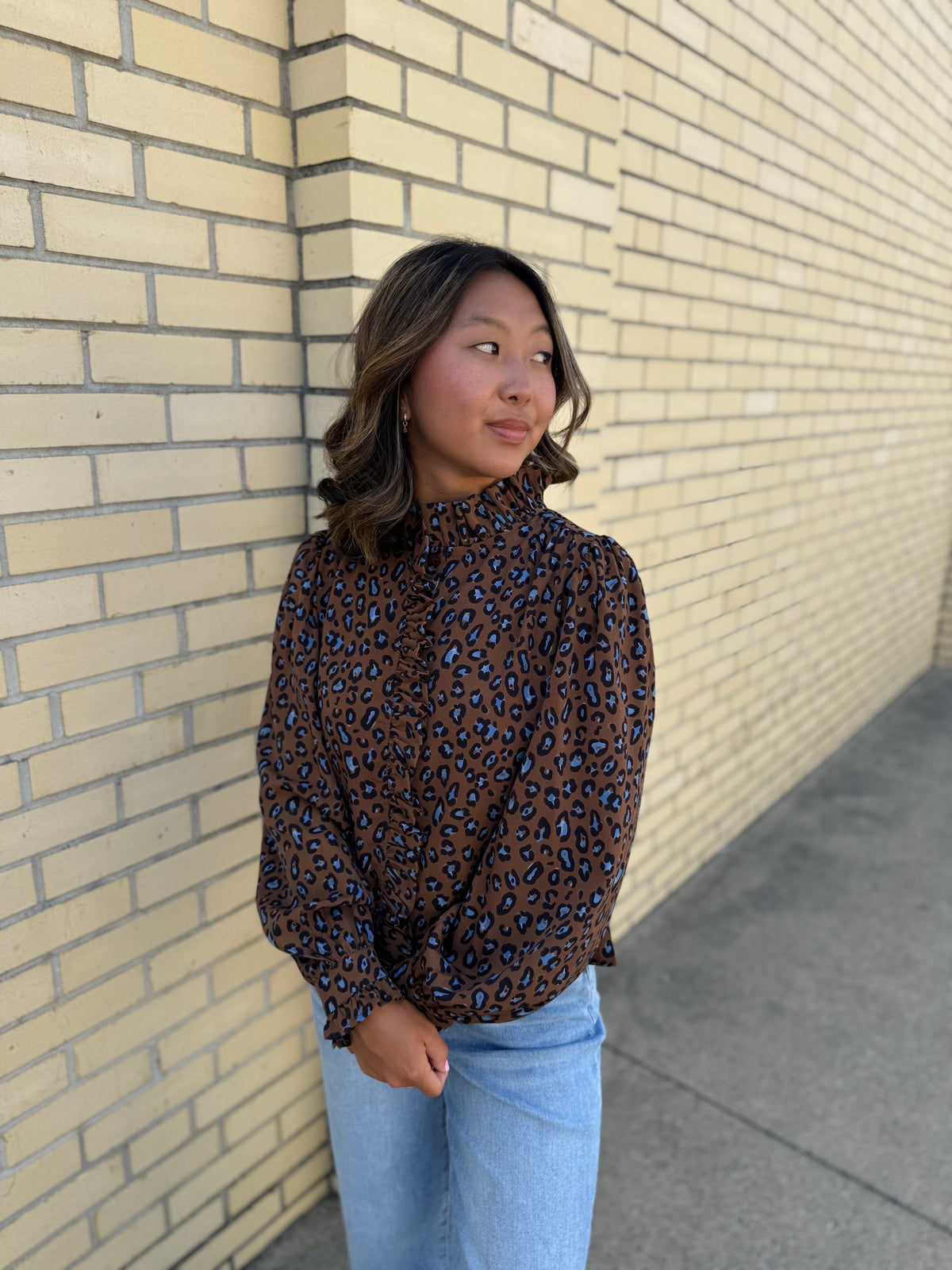 Brielle Brown & Blue Leopard Print Blouse W/ Ruffle Details