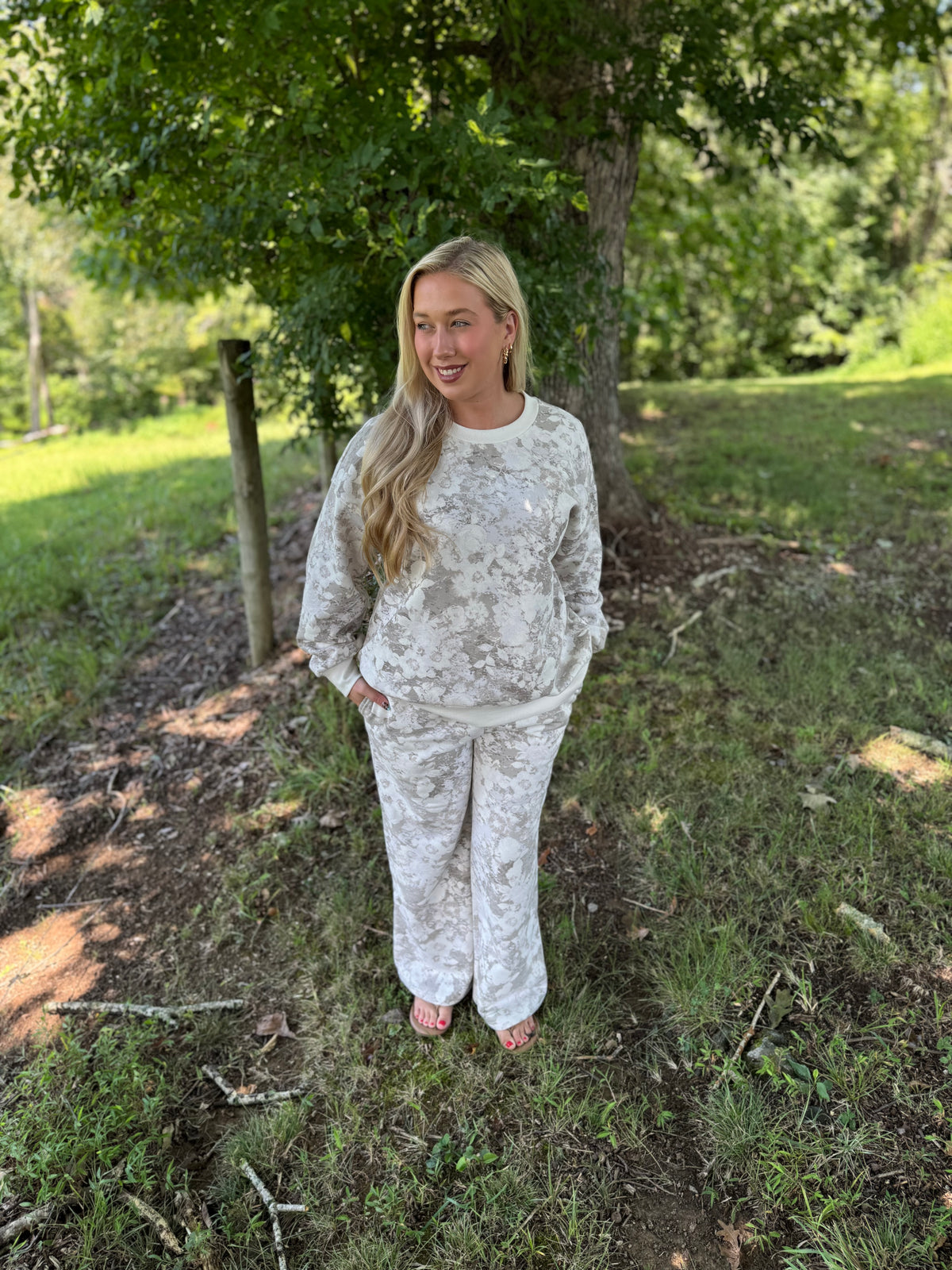 Brianna Light Gray Floral Matching Sweat Set