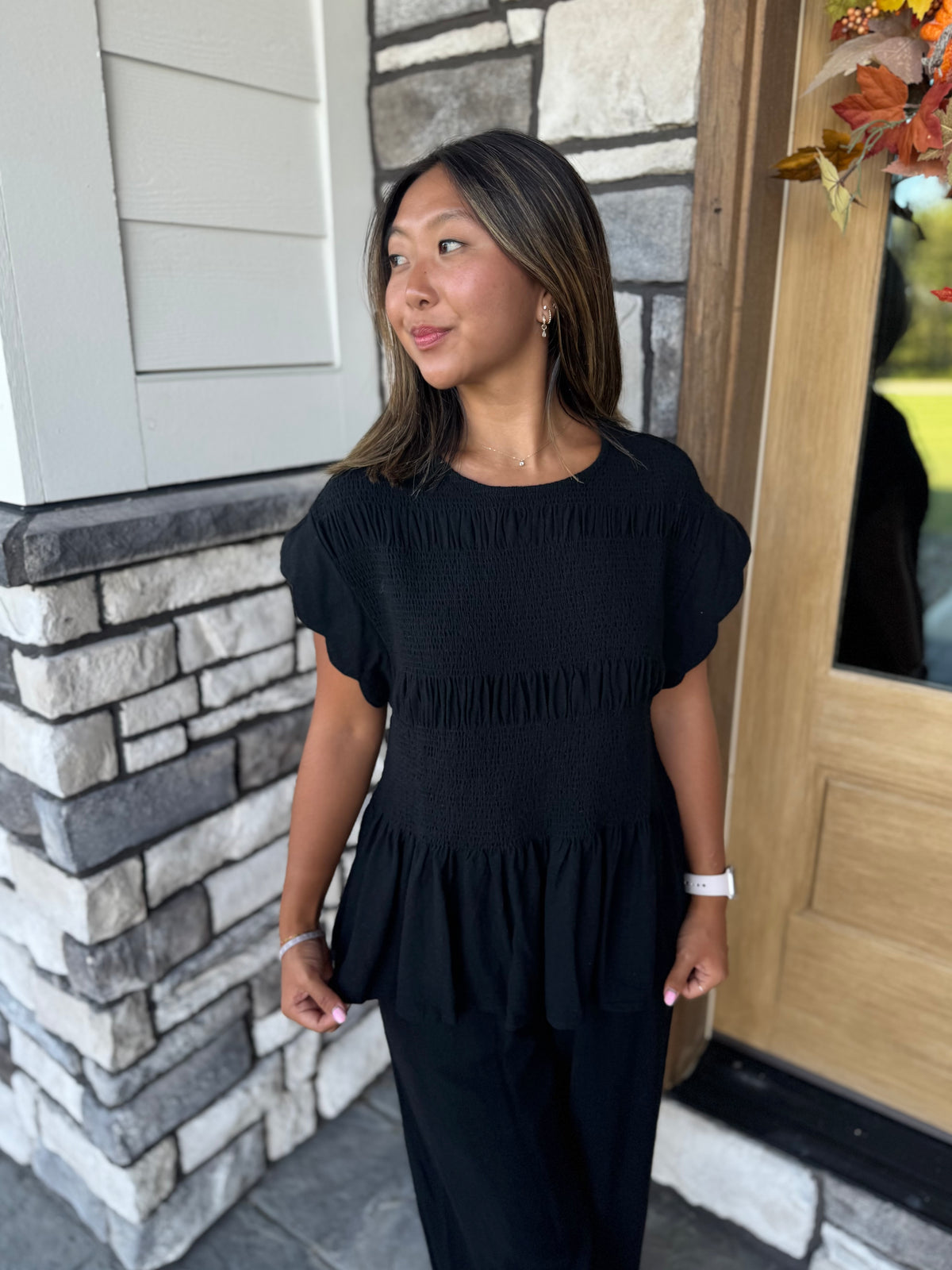 Tania Black Smocked Peplum Top