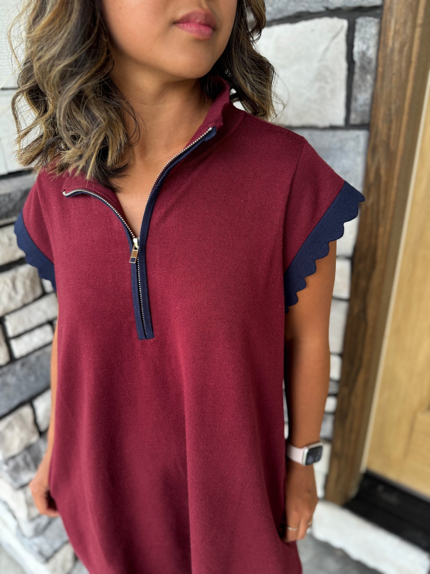 Whitney Burgundy Half Zip Scalloped Edge Short Sleeve Sweater Dress