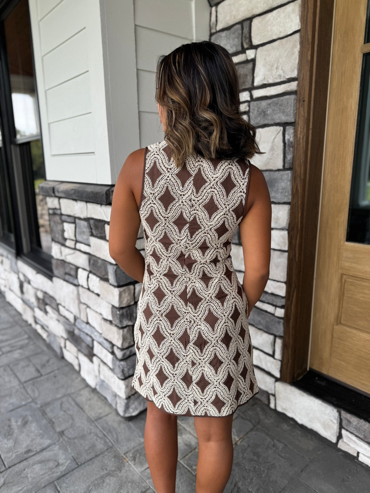 Sienna Brown & Cream Geometric Textured Mini Dress