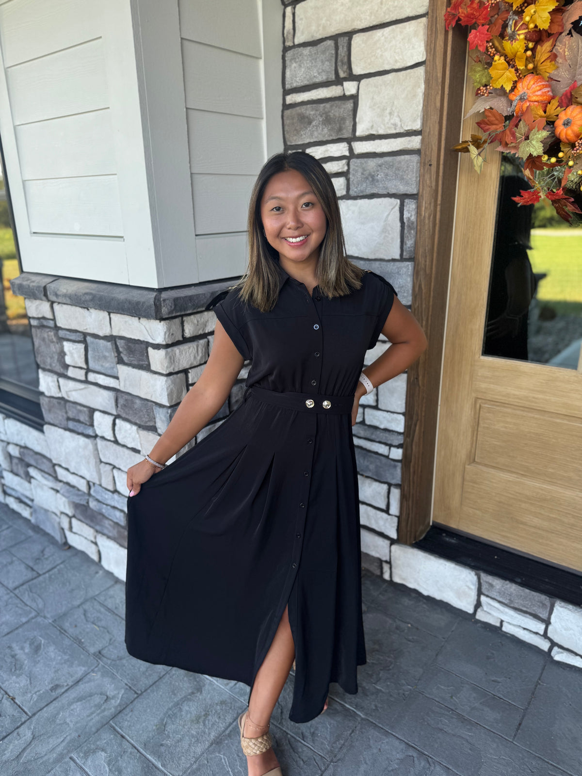 Amber Black Tab Shoulder Detail Belted Midi Dress
