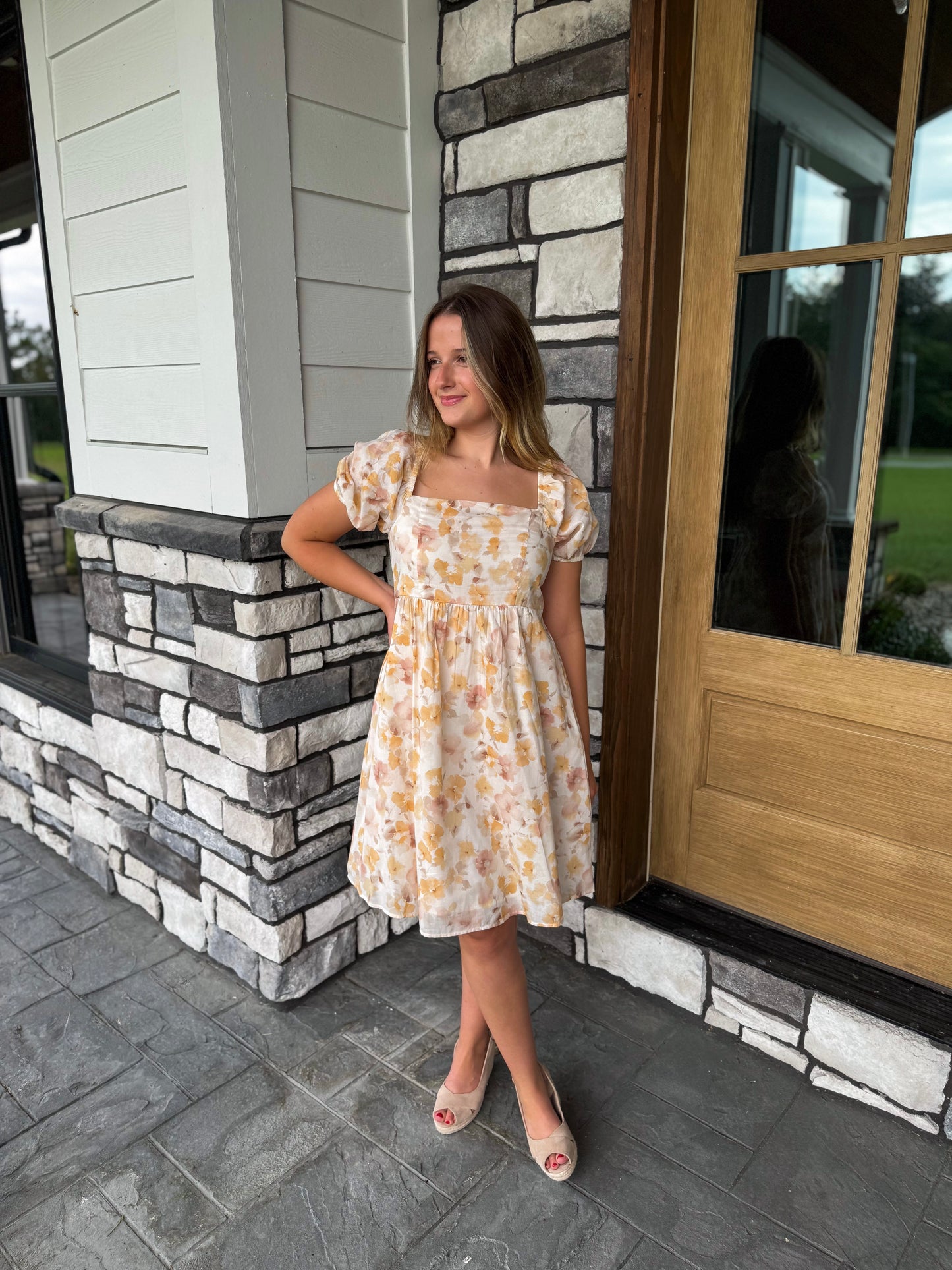 Bailey Mustard Floral Print Puff Sleeve Square Neck Mini Dress