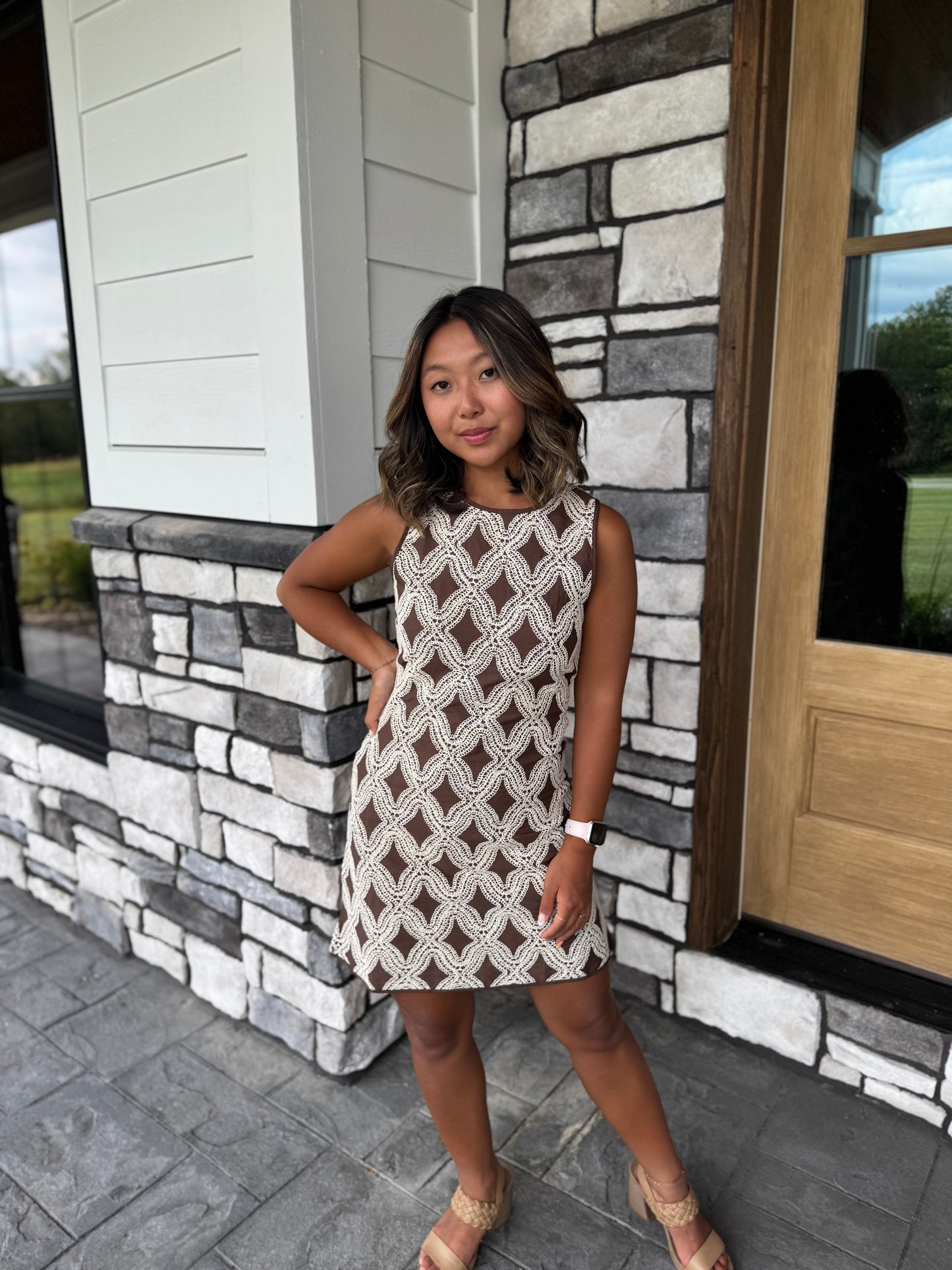 Sienna Brown & Cream Geometric Textured Mini Dress