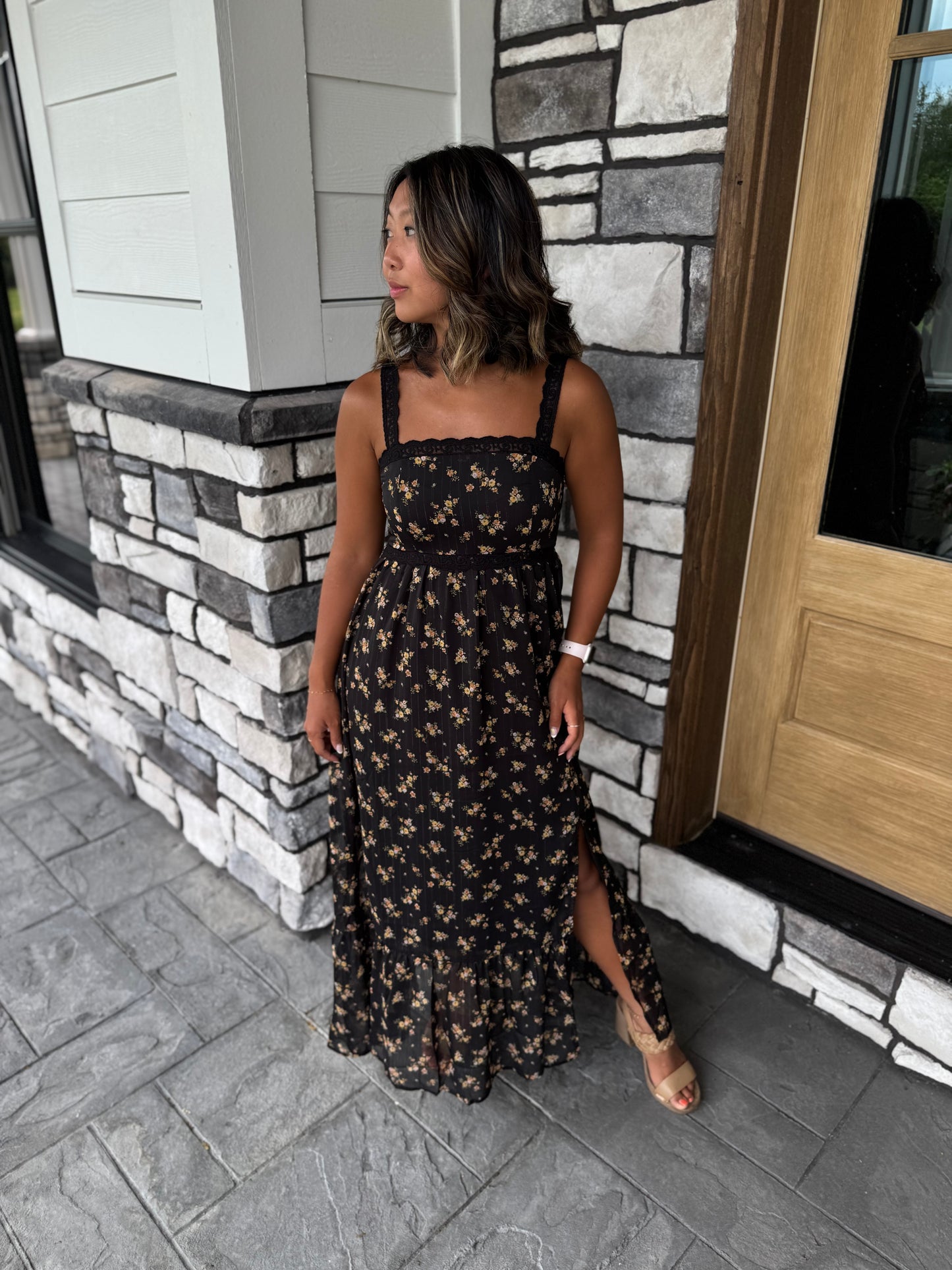 Everly Black Floral Glitter Midi Dress