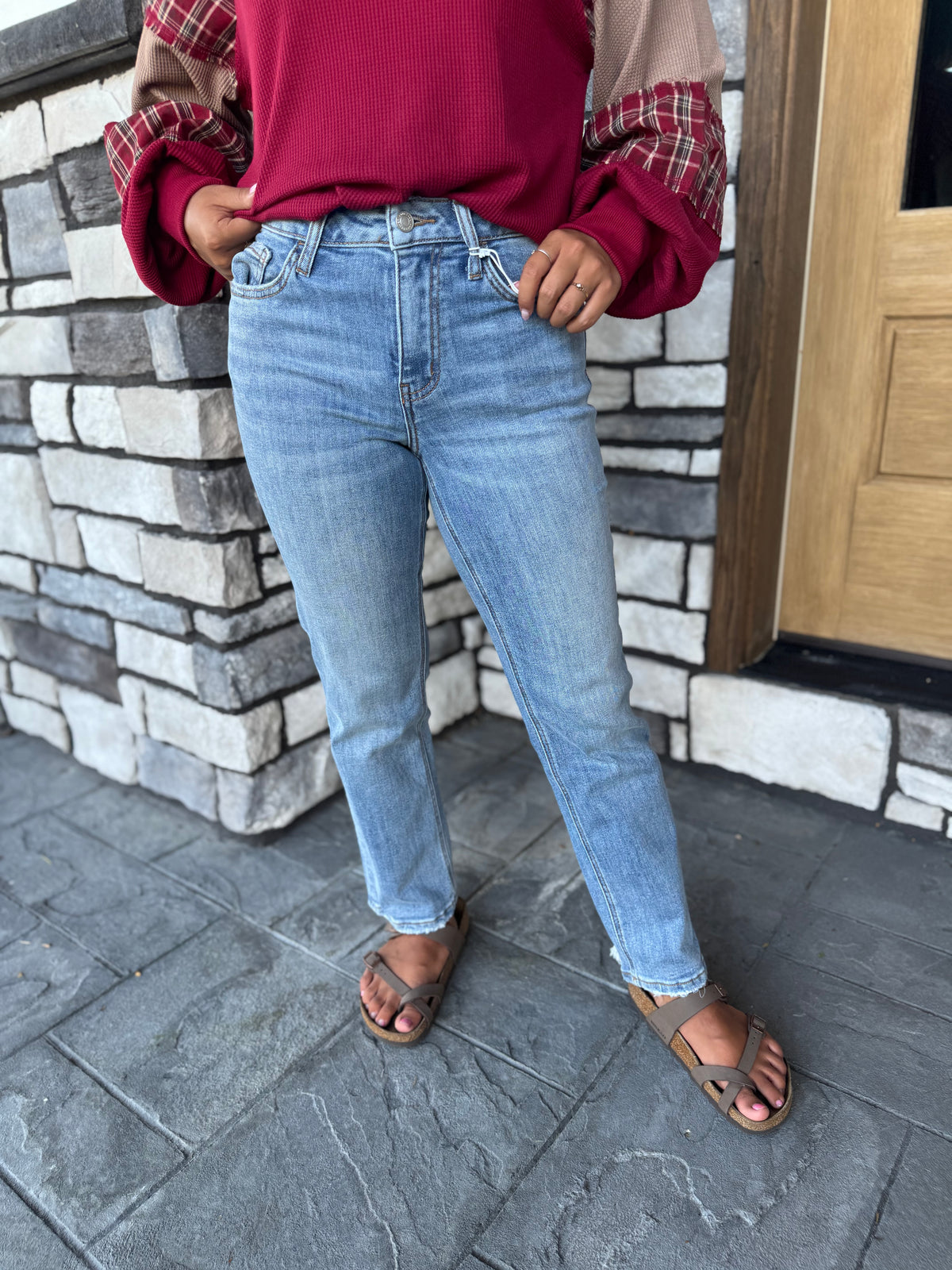 Mid Rise Distressed Hem Cropped Straight Jeans