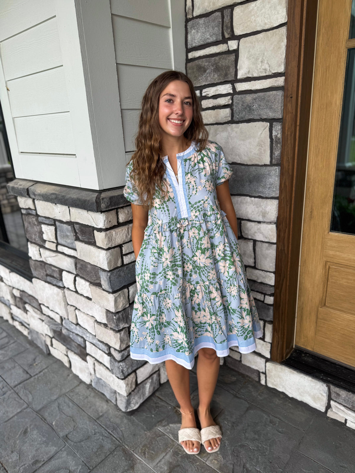 Rachel Blue & Green Floral Contrast Banded Puff Sleeve Mini Dress