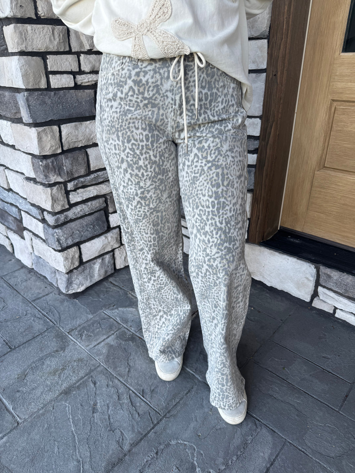 Leopard High Rise Drawstring Waistband Wide Leg Jeans