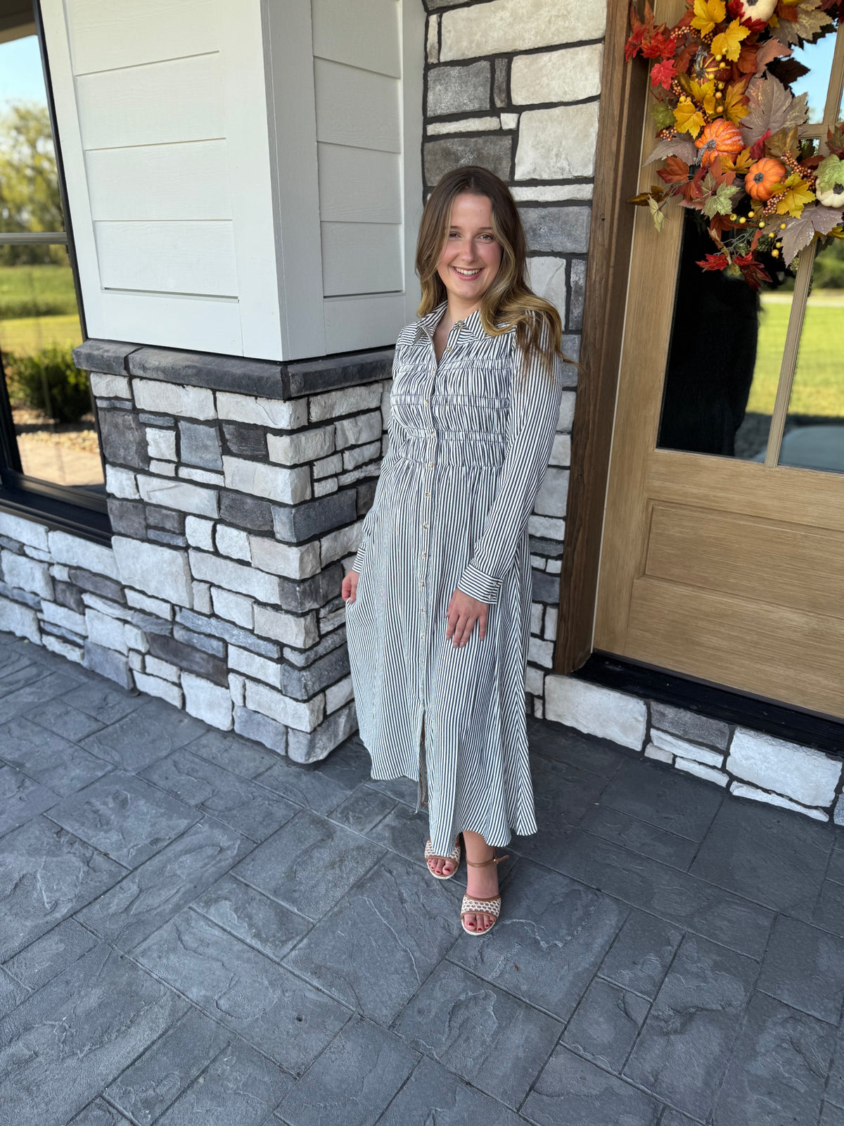 Mindy Navy Striped Button Up Midi Dress