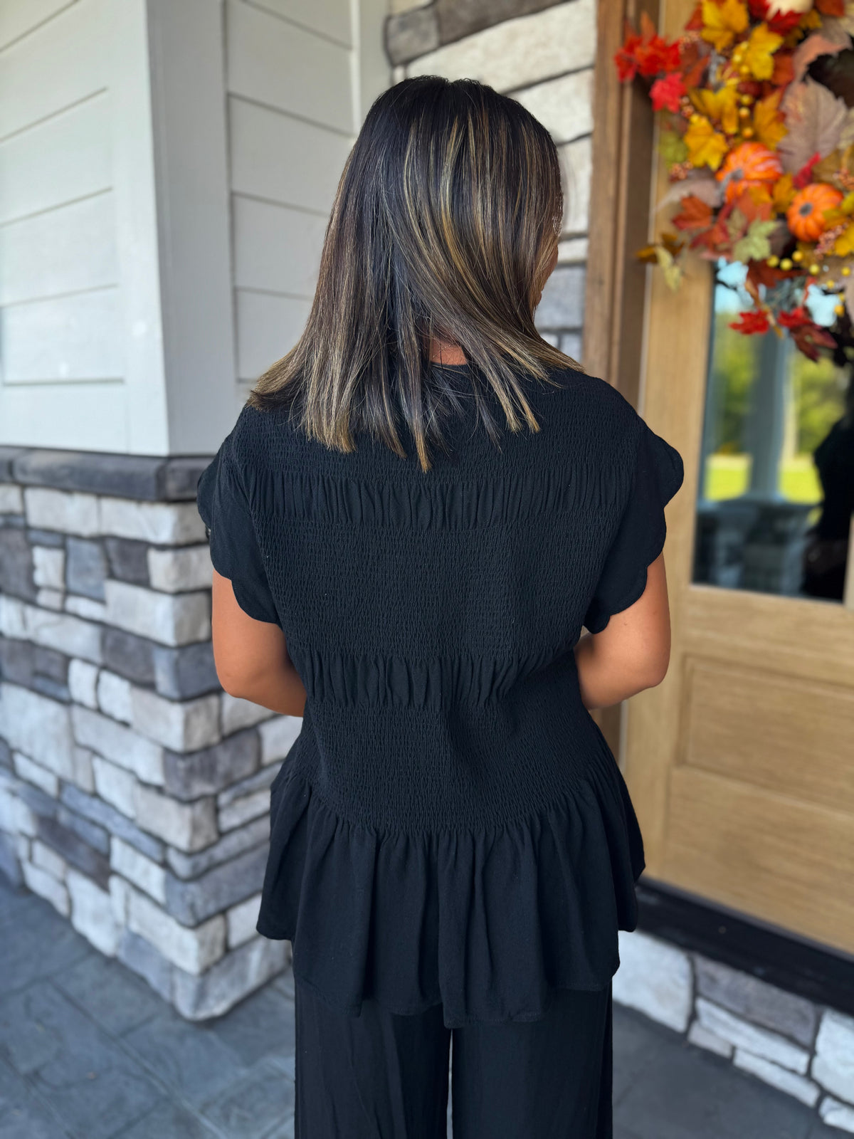 Tania Black Smocked Peplum Top