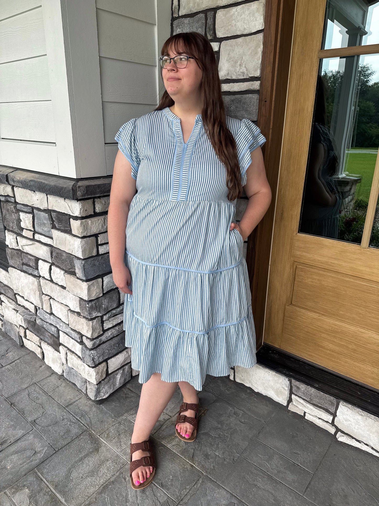 Tammy  Plus Size Baby Blue & White Pinstripe Double Ruffle Sleeveless Dress