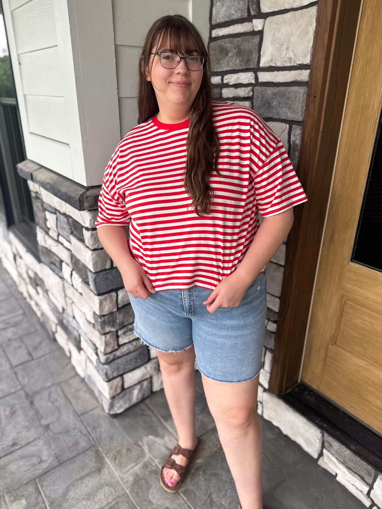 Hallie Red & Off White Striped Round Neck Slight Crop Oversized Tee