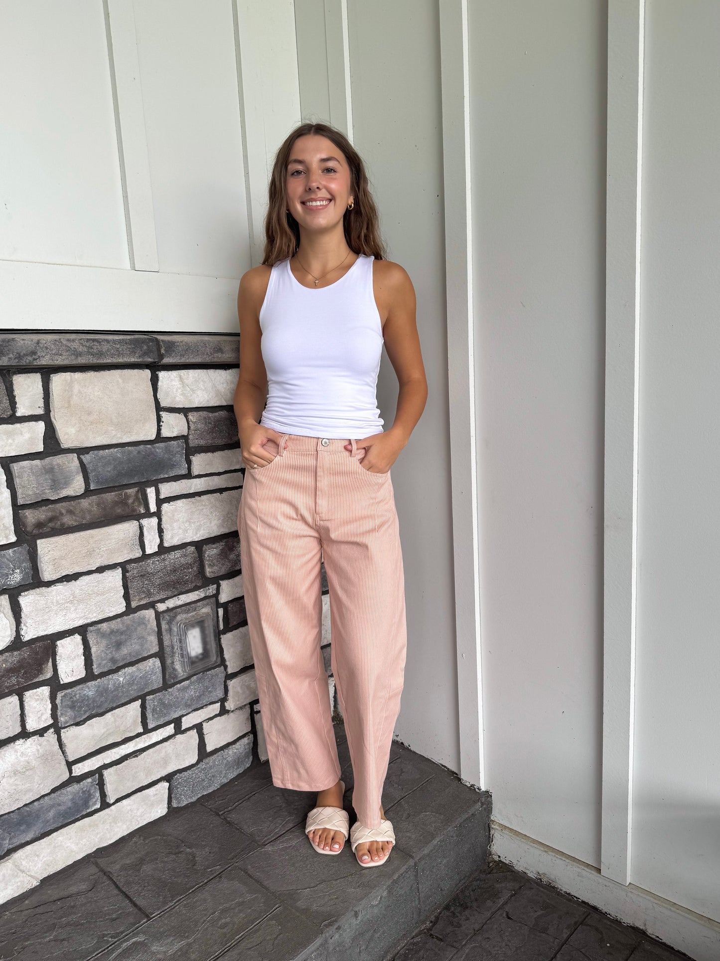 Nikki Pink & Taupe Striped Cotton Barrel Pants