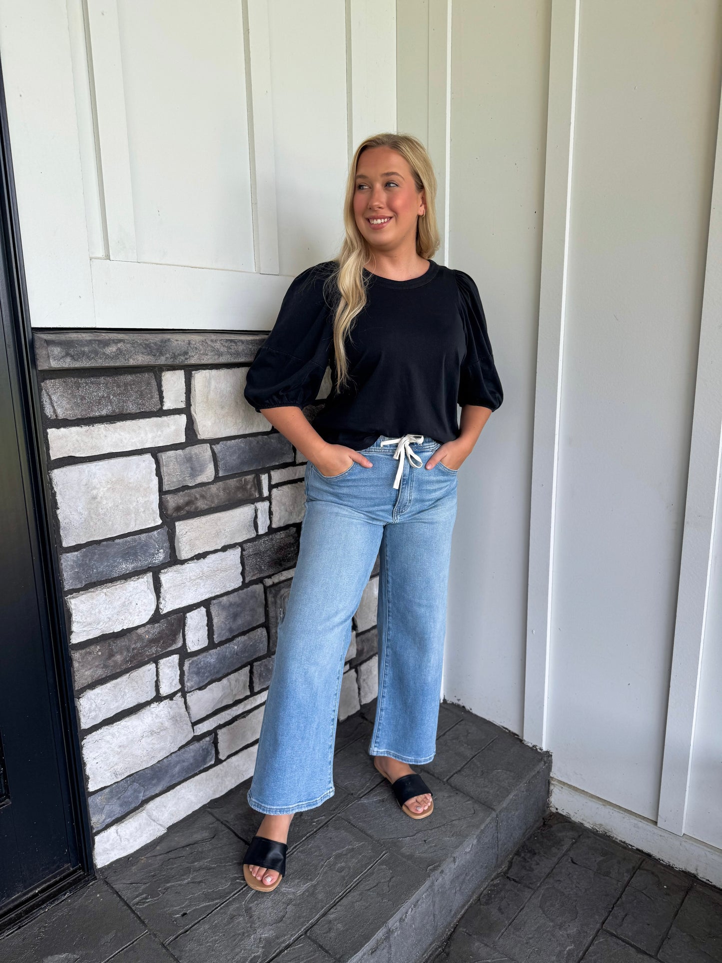Super High Rise Elastic/Drawstring Waistband Crop Wide Jeans