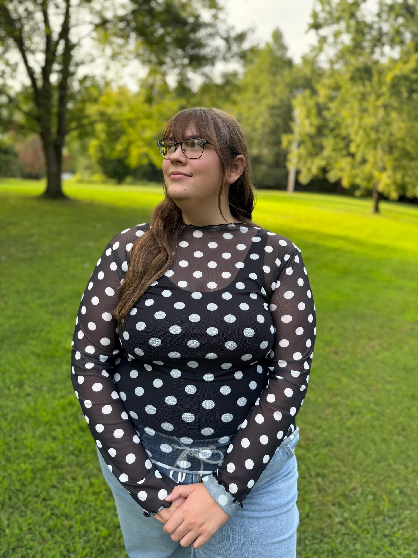 Harper Black & White Polka Dot Long Sleeve Mesh Top