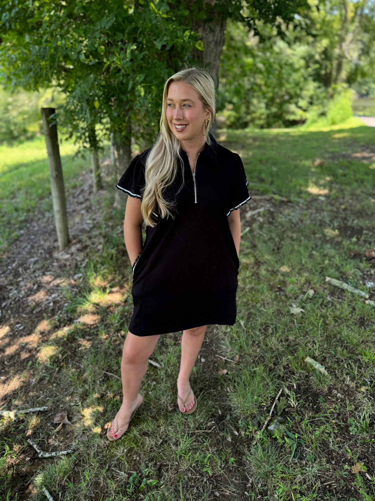 Vanessa Black Half Zip Scalloped Short Sleeve Knit Dress