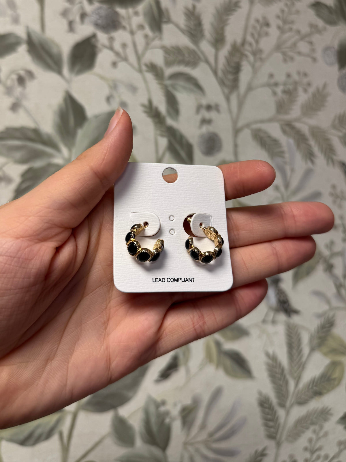 Small Black Jewel Inlay Gold Hoop Earrings
