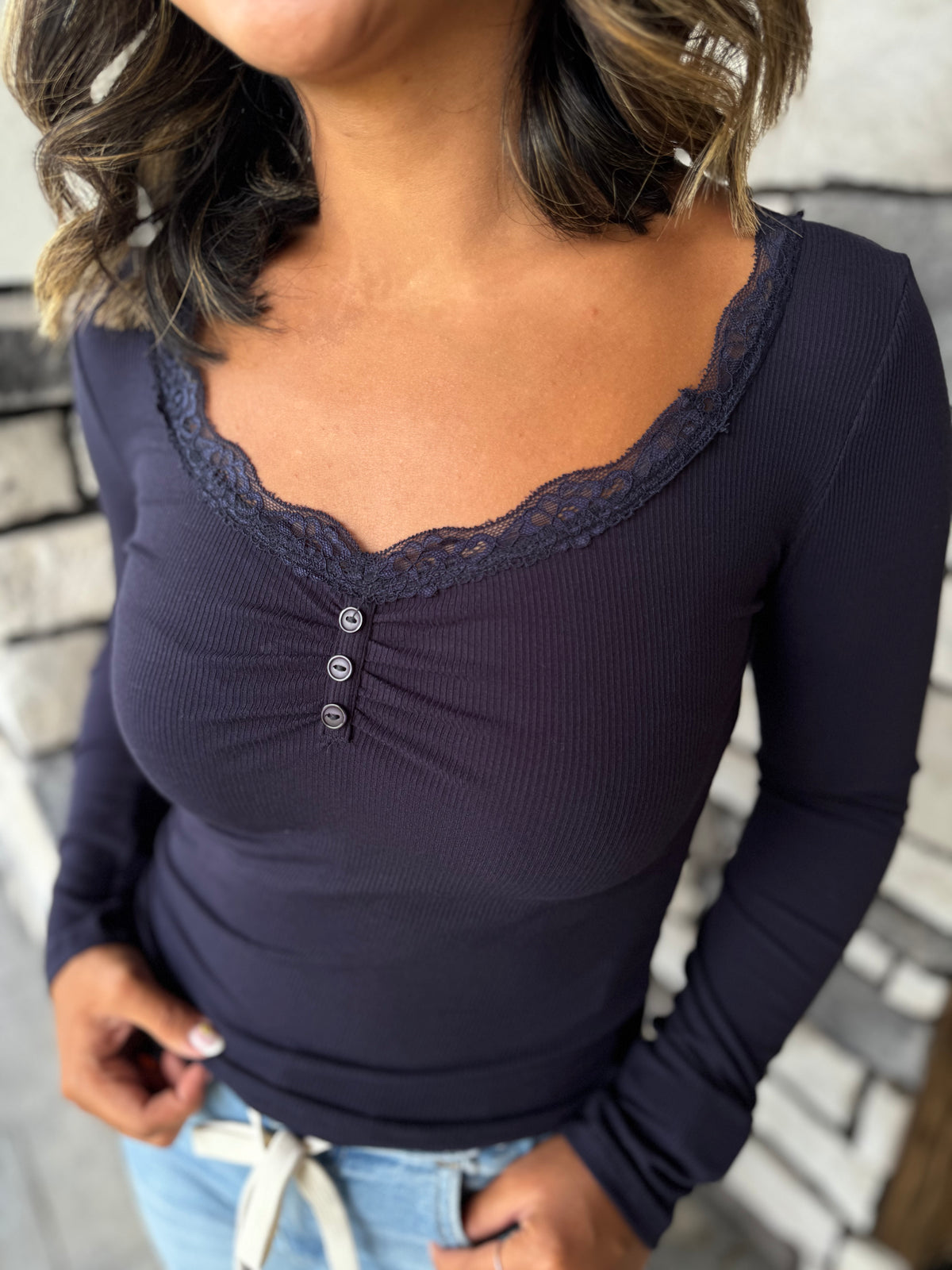Ally Navy Lace Trim Long Sleeve Ribbed Top
