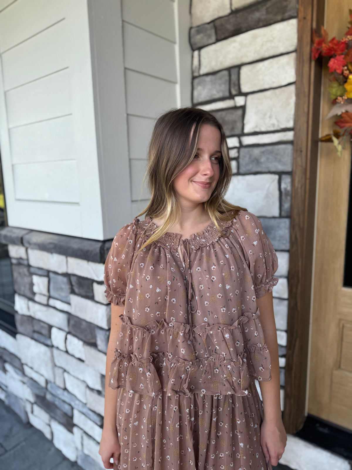 Evelyn Floral Smocked Neckline Puff Sleeve Top
