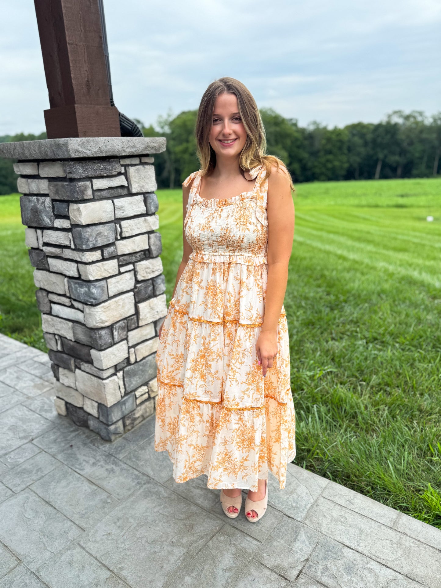 Charlotte Off White & Dark Amber Tiered Lace Trim Floral Midi Dress