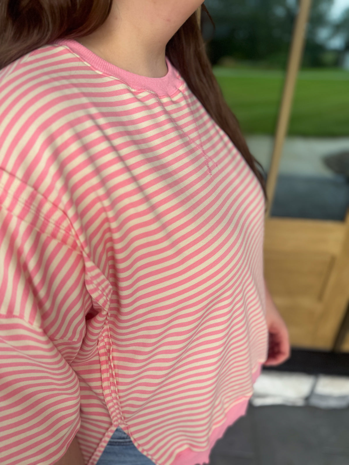 Debby Pink & Cream Candy Stripe Lettuce Edge Short Sleeve Sweatshirt