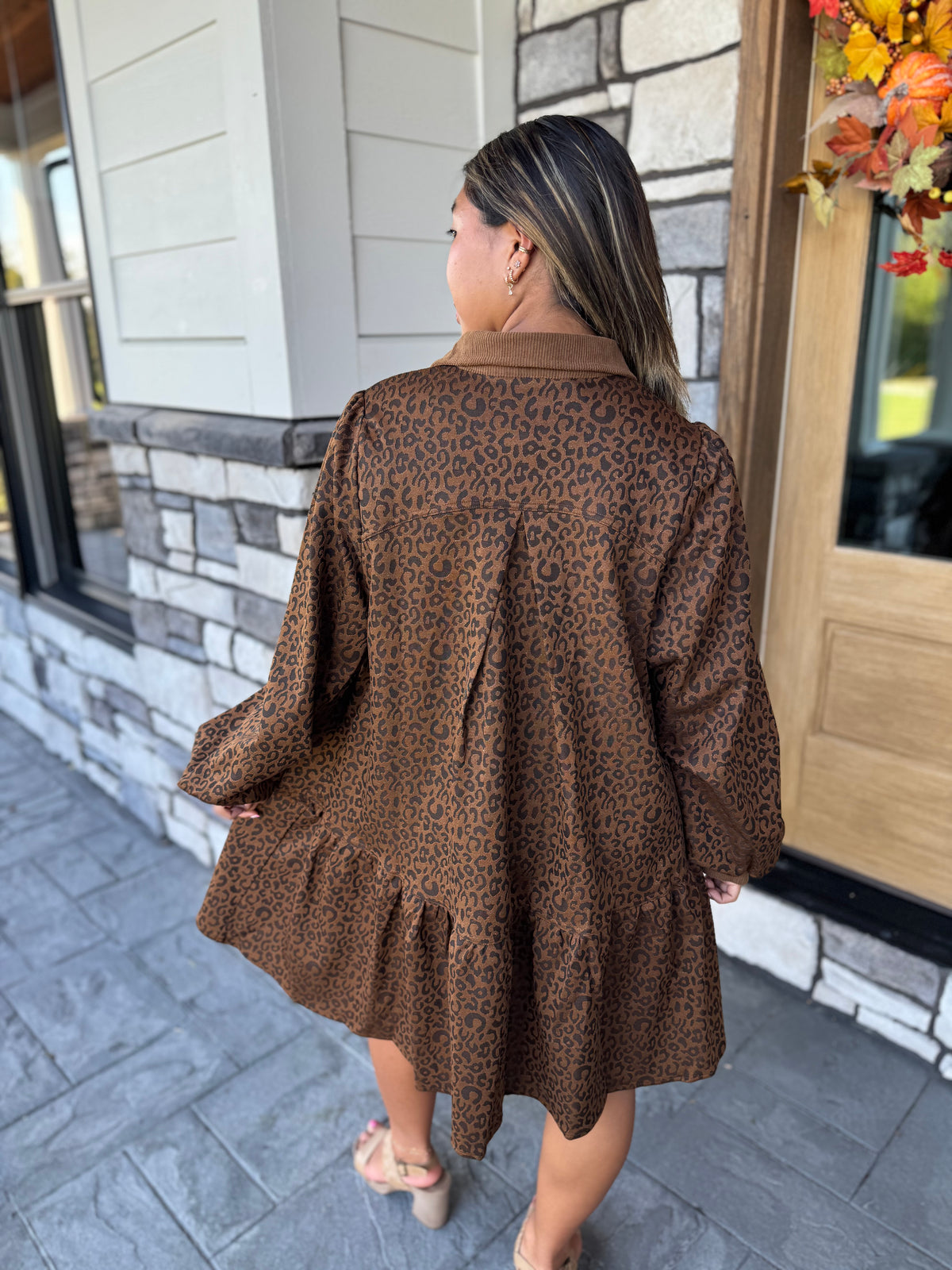 Phoebe Cheetah Print Jacquard Collared Tiered Dress