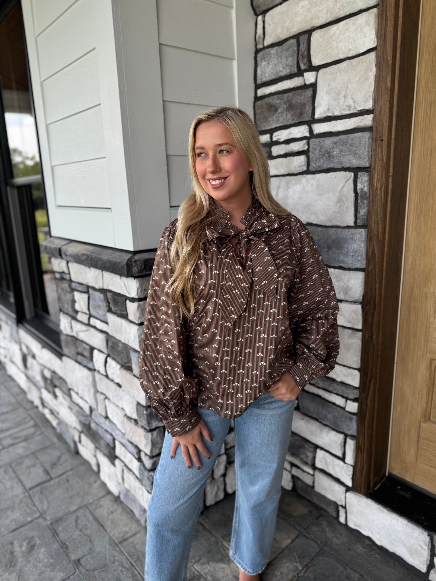 Fran Brown Floral Blouse W/ Bow Tie Detail