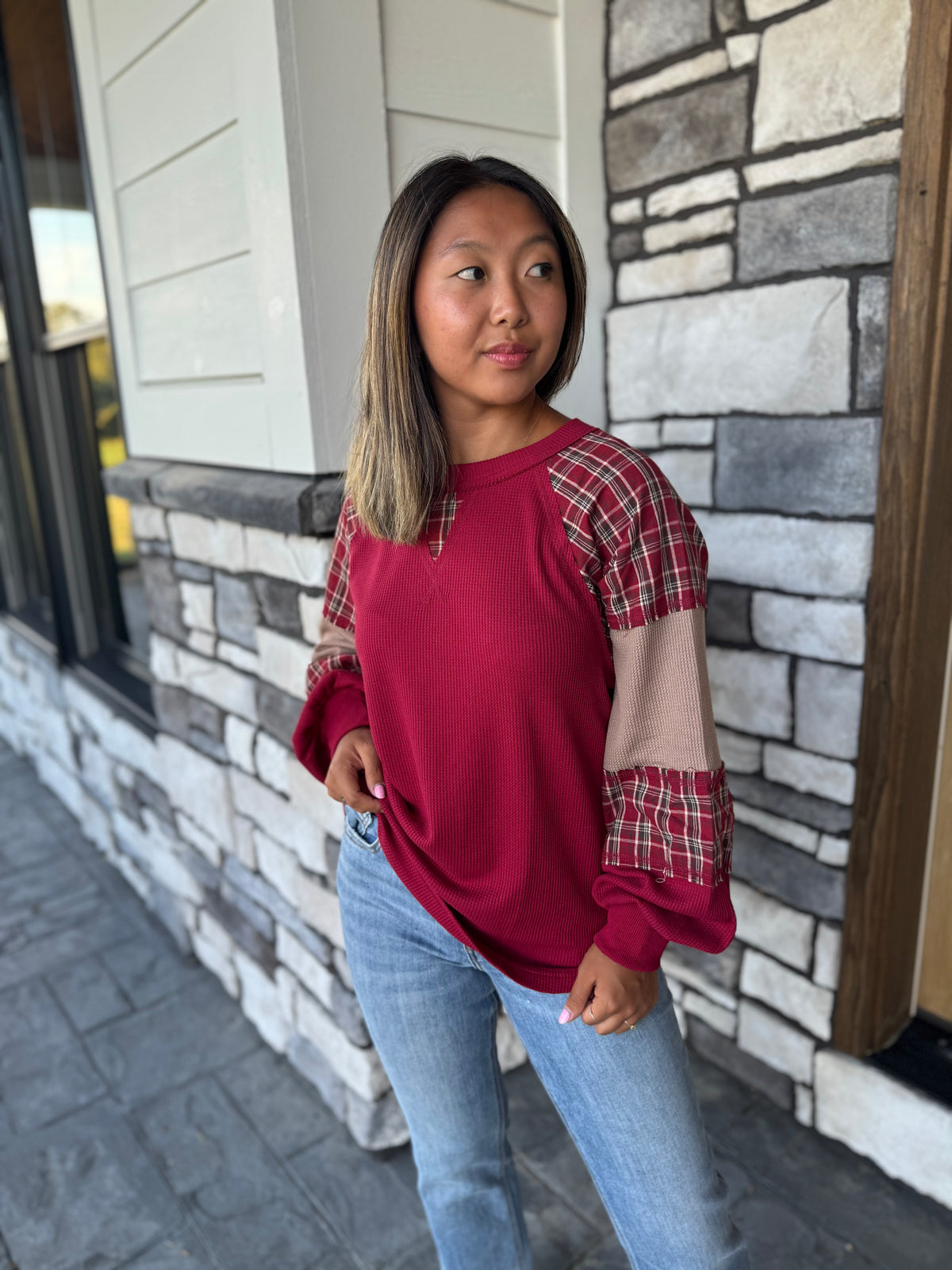 Helen Burgundy & Tan Plaid Patchwork Thermal Knit Top