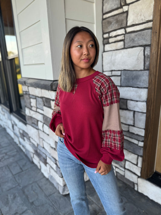 Helen Burgundy & Tan Plaid Patchwork Thermal Knit Top