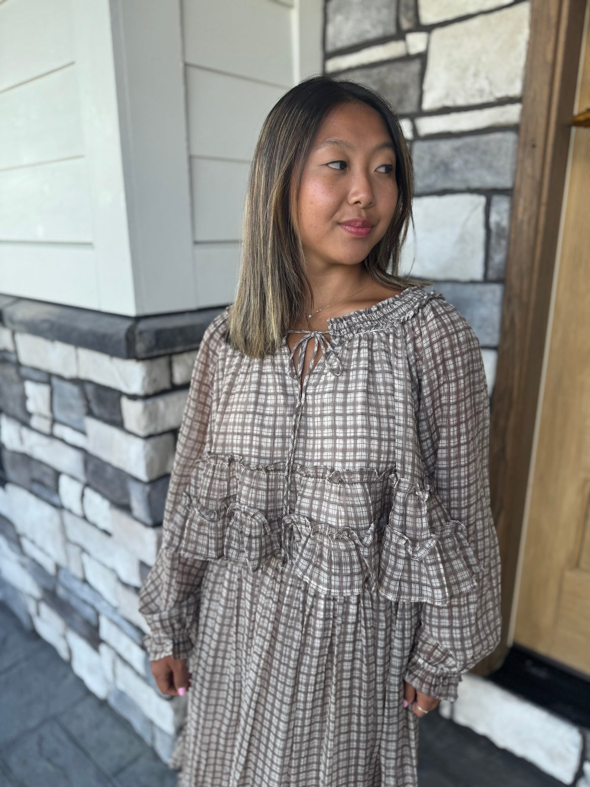 Lana Brown Plaid Smocked Neckline Top