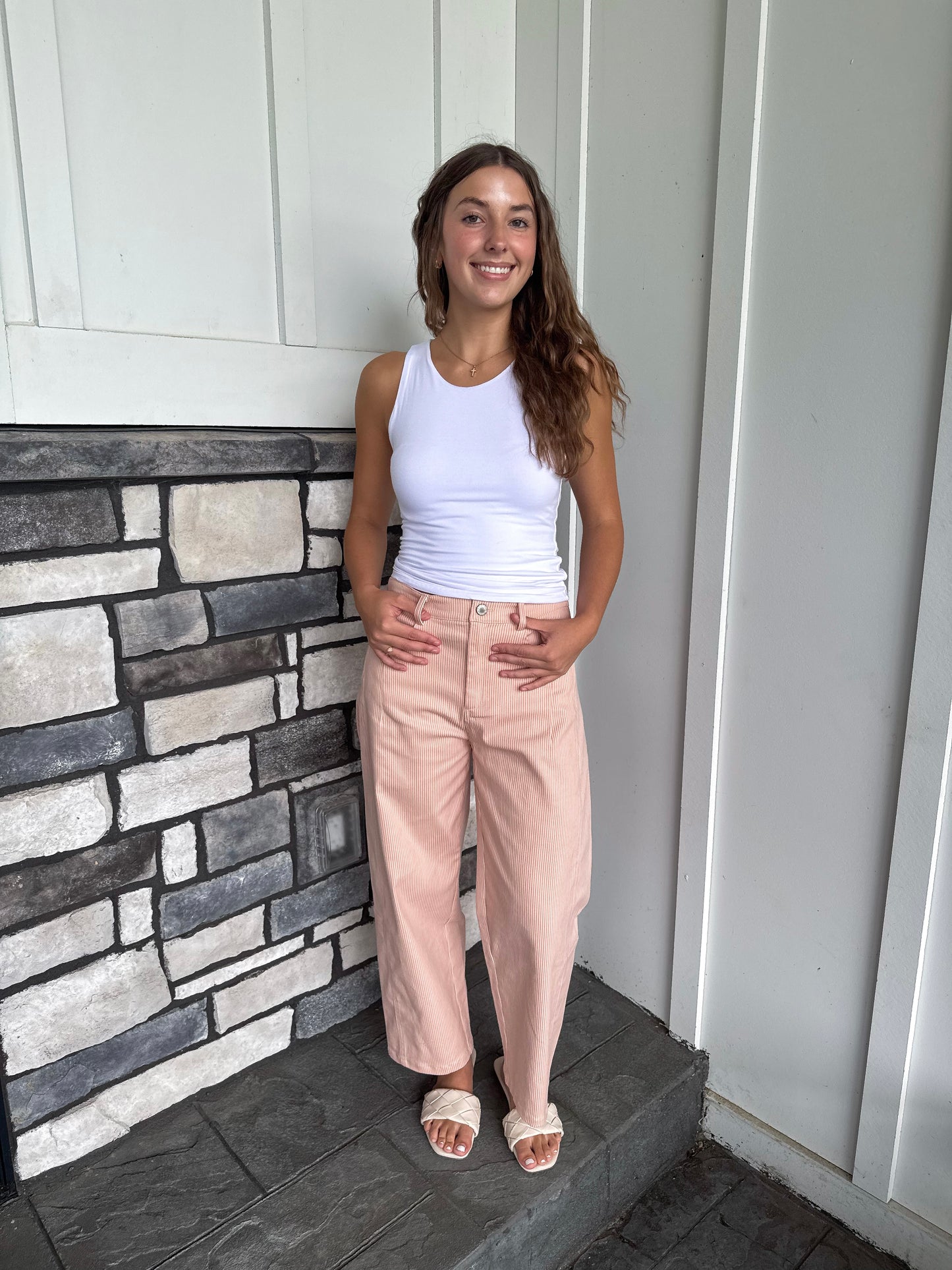 Nikki Pink & Taupe Striped Cotton Barrel Pants