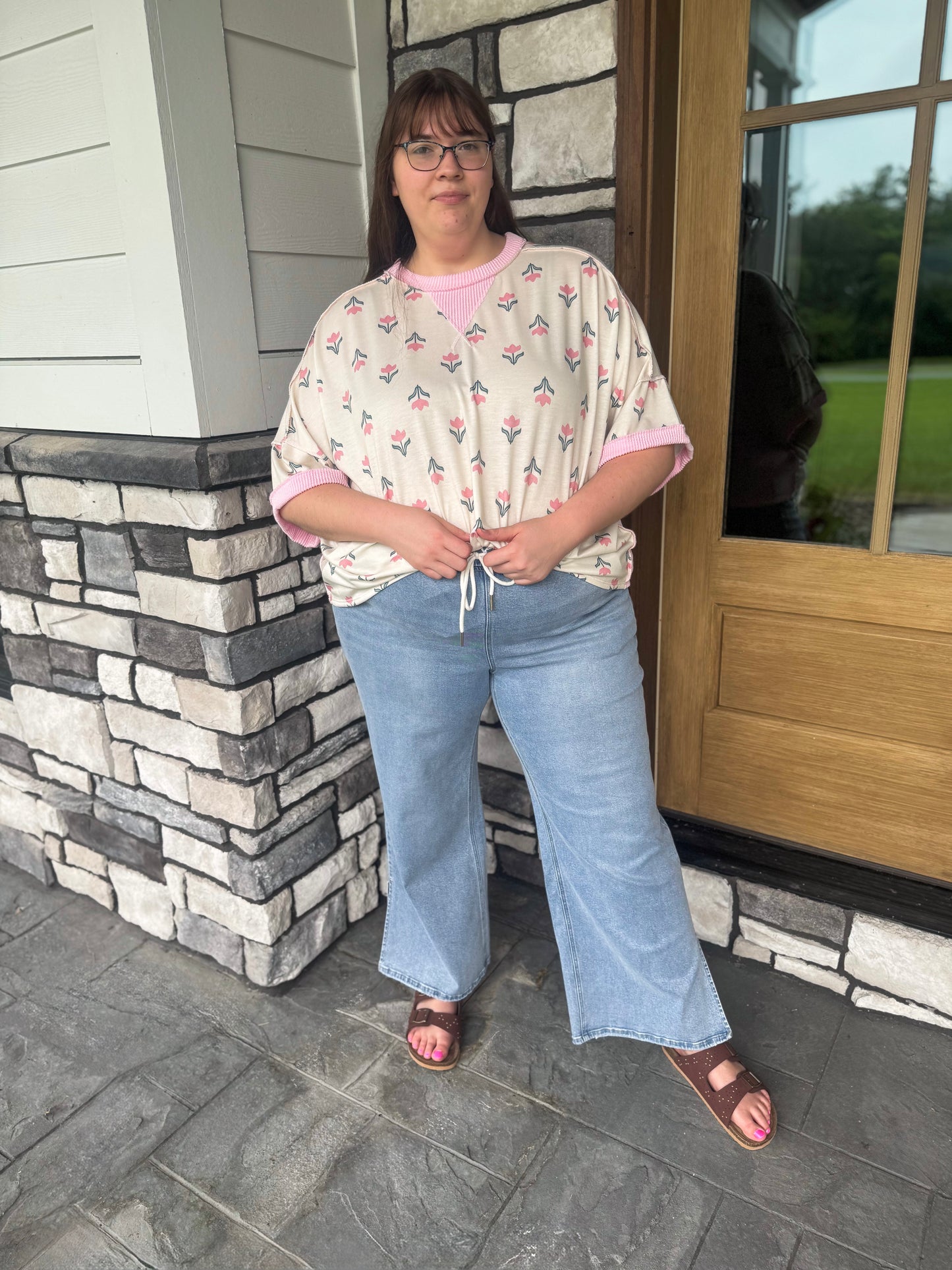 Plus Size High Rise Drawstring Waistband Slit Wide Leg Jeans