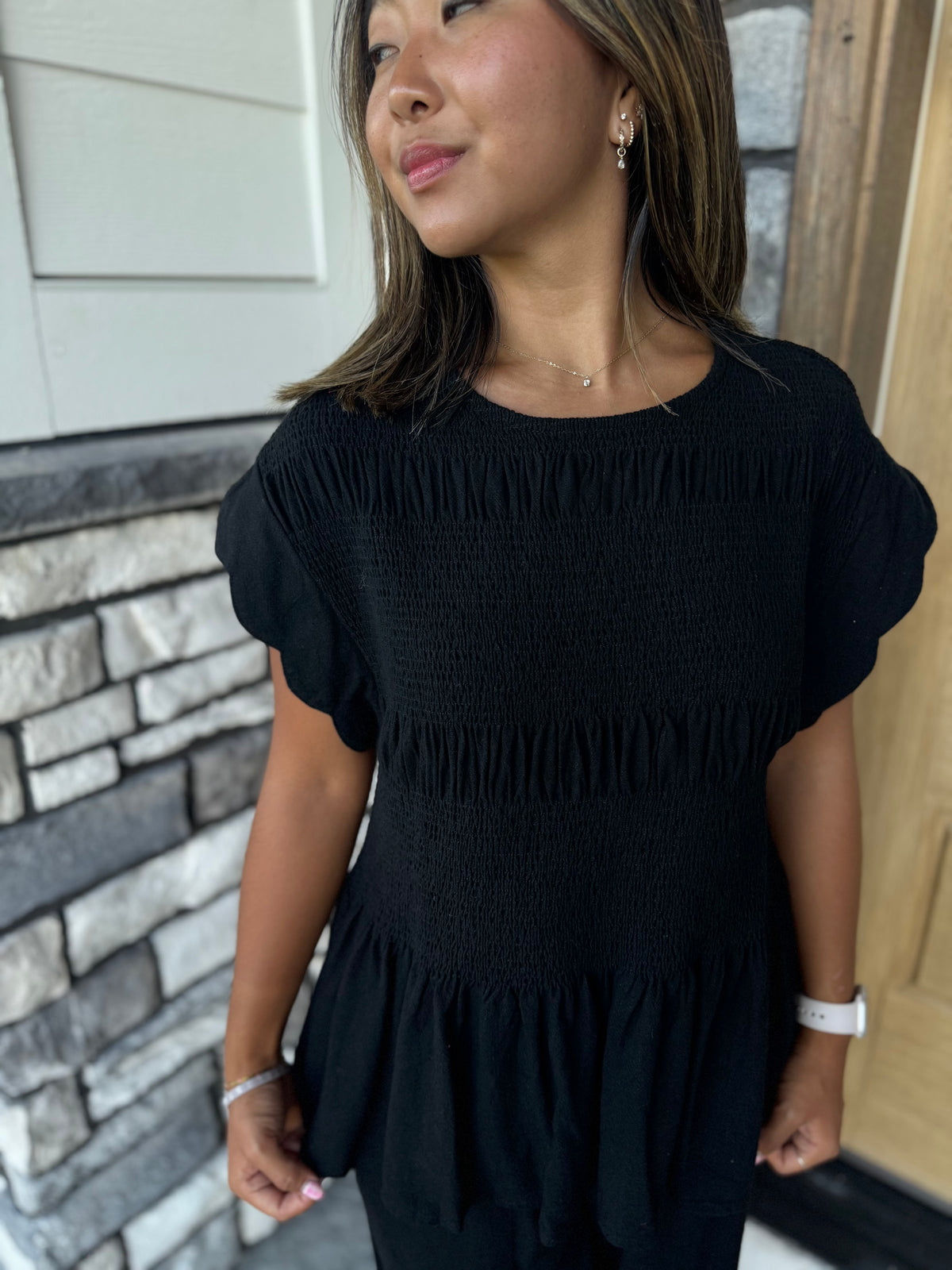 Tania Black Smocked Peplum Top