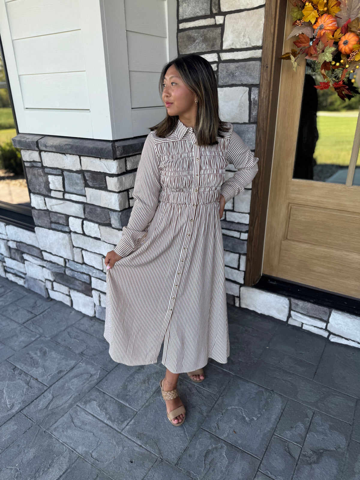 Mindy Brown Striped Button Up Midi Dress