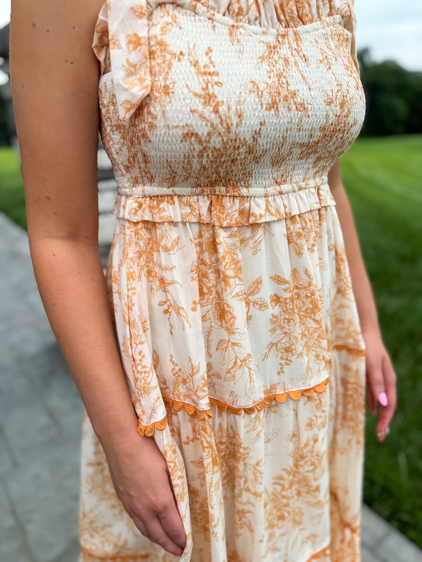 Charlotte Off White & Dark Amber Tiered Lace Trim Floral Midi Dress