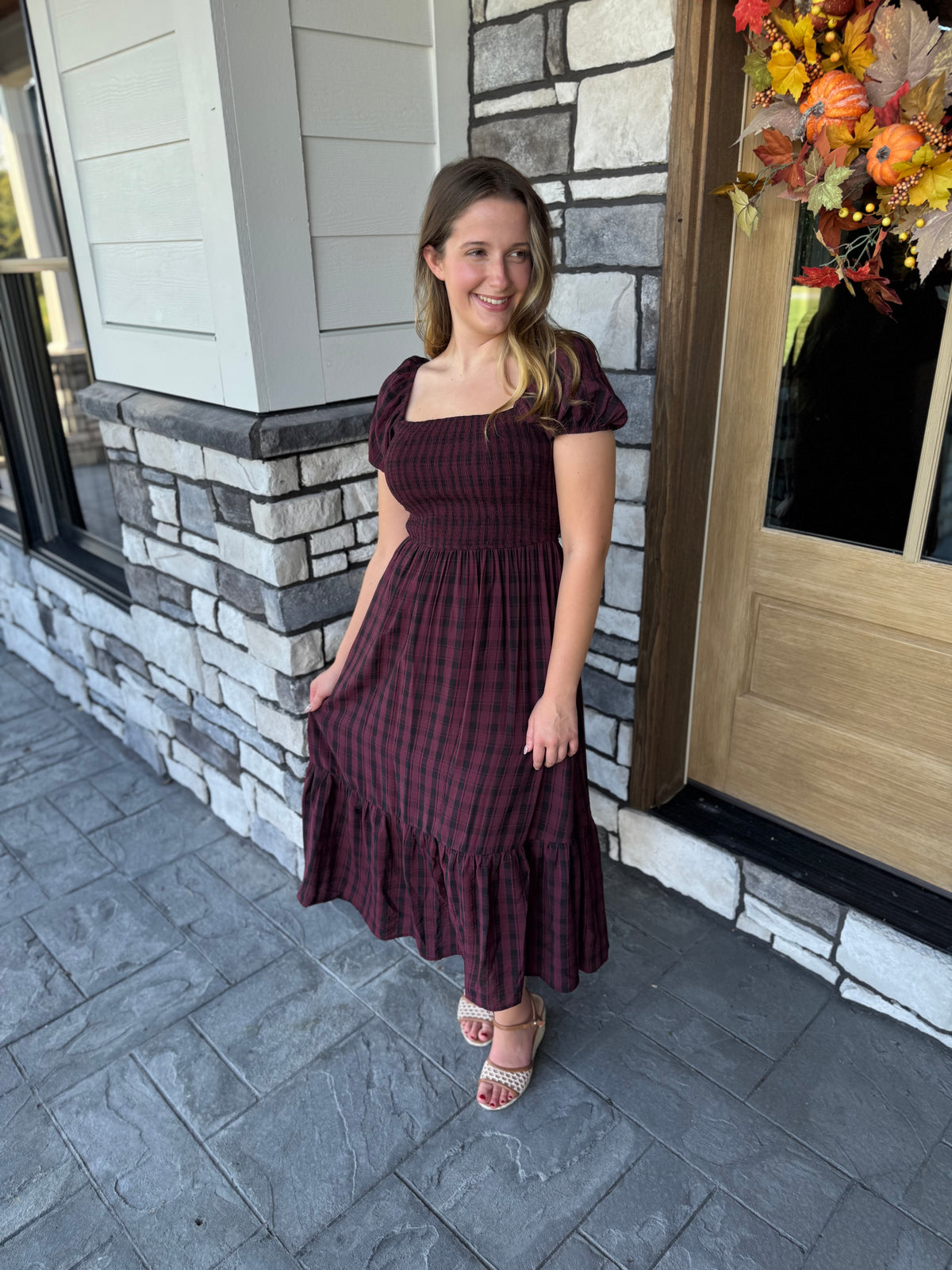 Noelle Burgundy Plaid Smocked Midi Dress