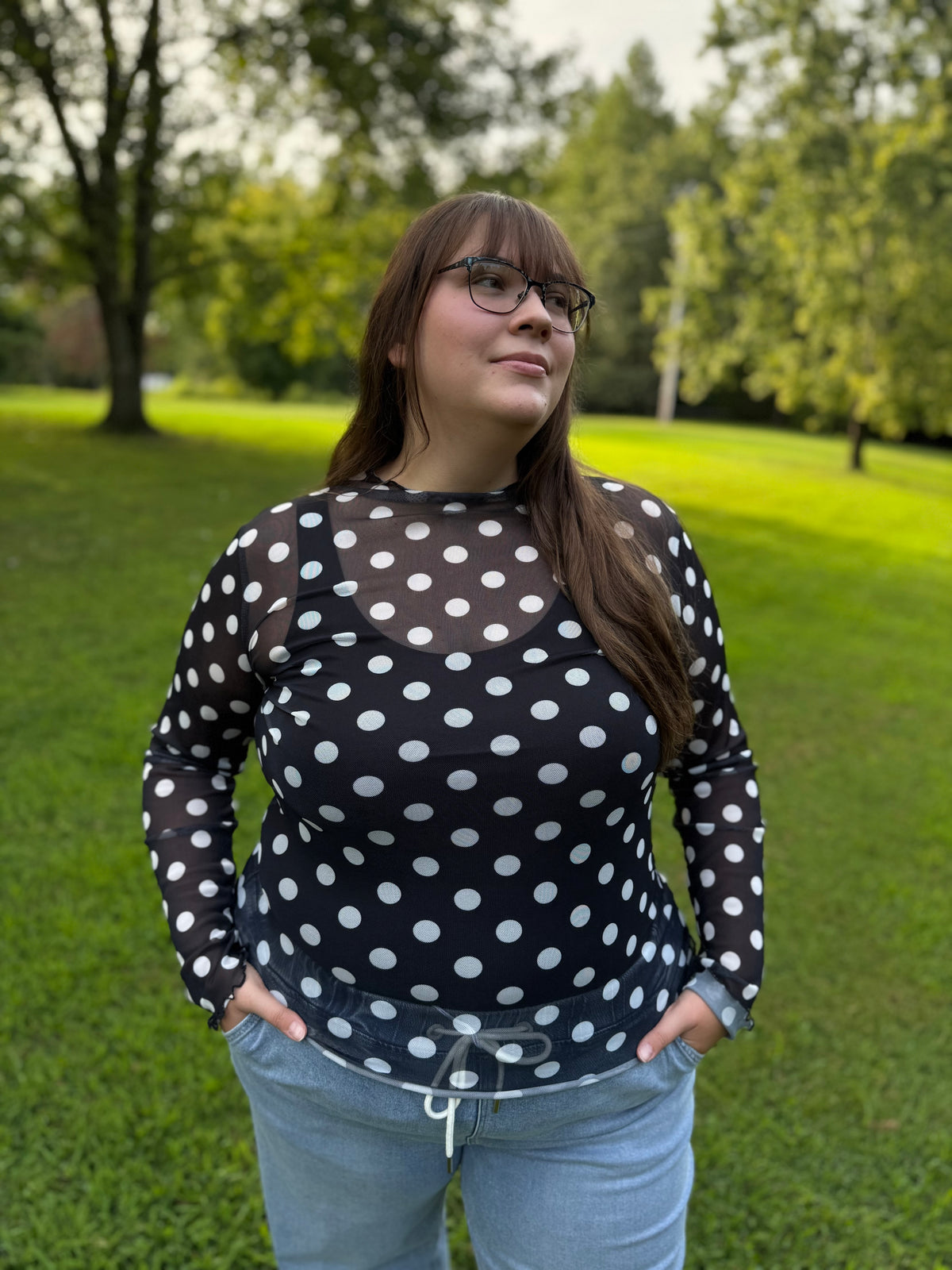 Harper Black & White Polka Dot Long Sleeve Mesh Top